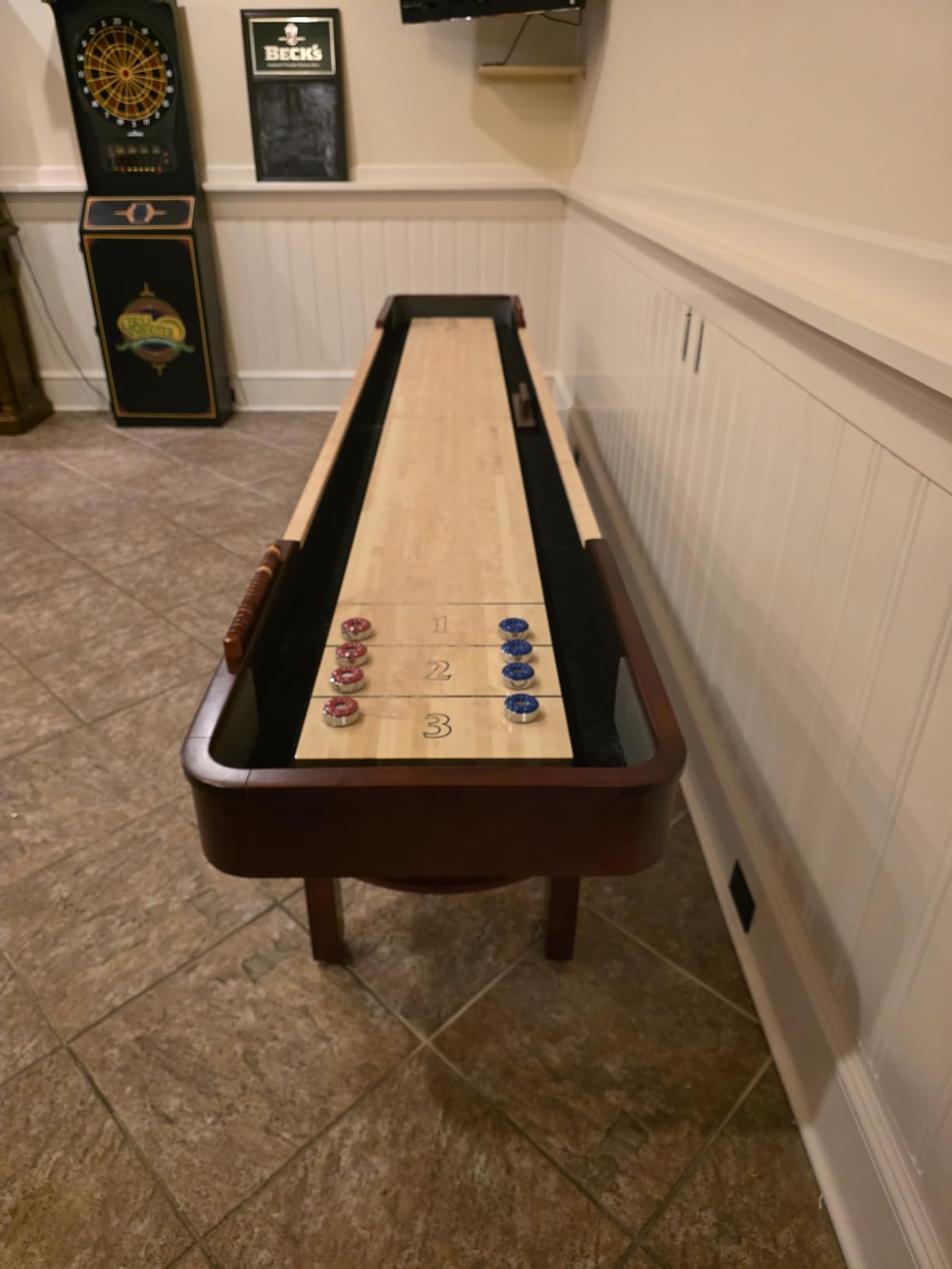 Hathaway Merlot 12 Foot Shuffleboard Table for Family Game Room - with Lacquer Coated Playfield, Built-in Scorer and Cabinet, Climate Adjusters, Leg Levelers, 8 Pucks, Brush, and Wax - Walnut Finish customer photo 2