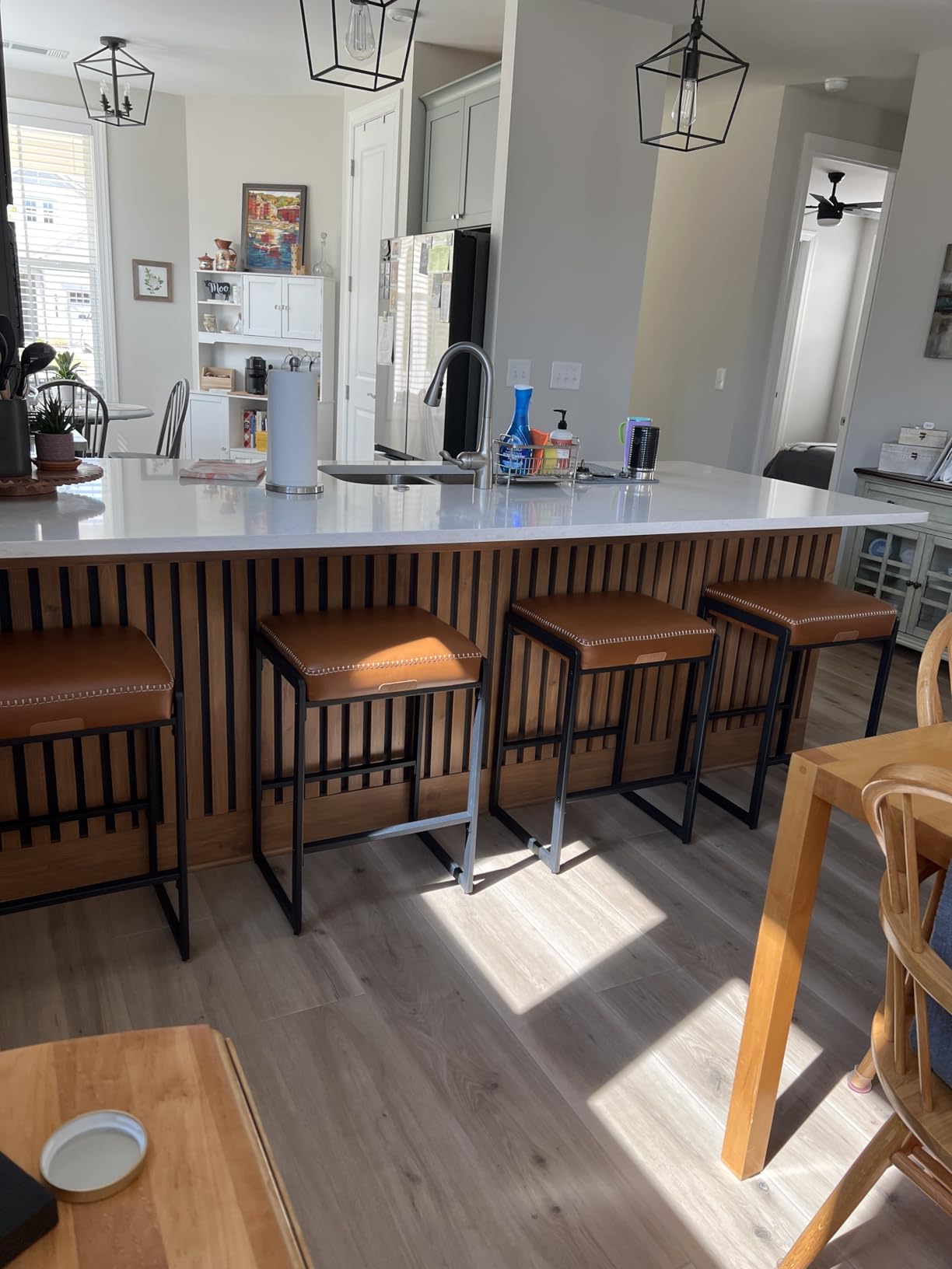 VASAGLE EKHO Collection - Bar Stools Set of 2, Counter Height Bar Stools, Synthetic Leather with Stitching, Mid-Century Modern Counter Stools, 26-Inch Tall, Kitchen Home Bar Dining Room, Caramel Brown customer photo 2