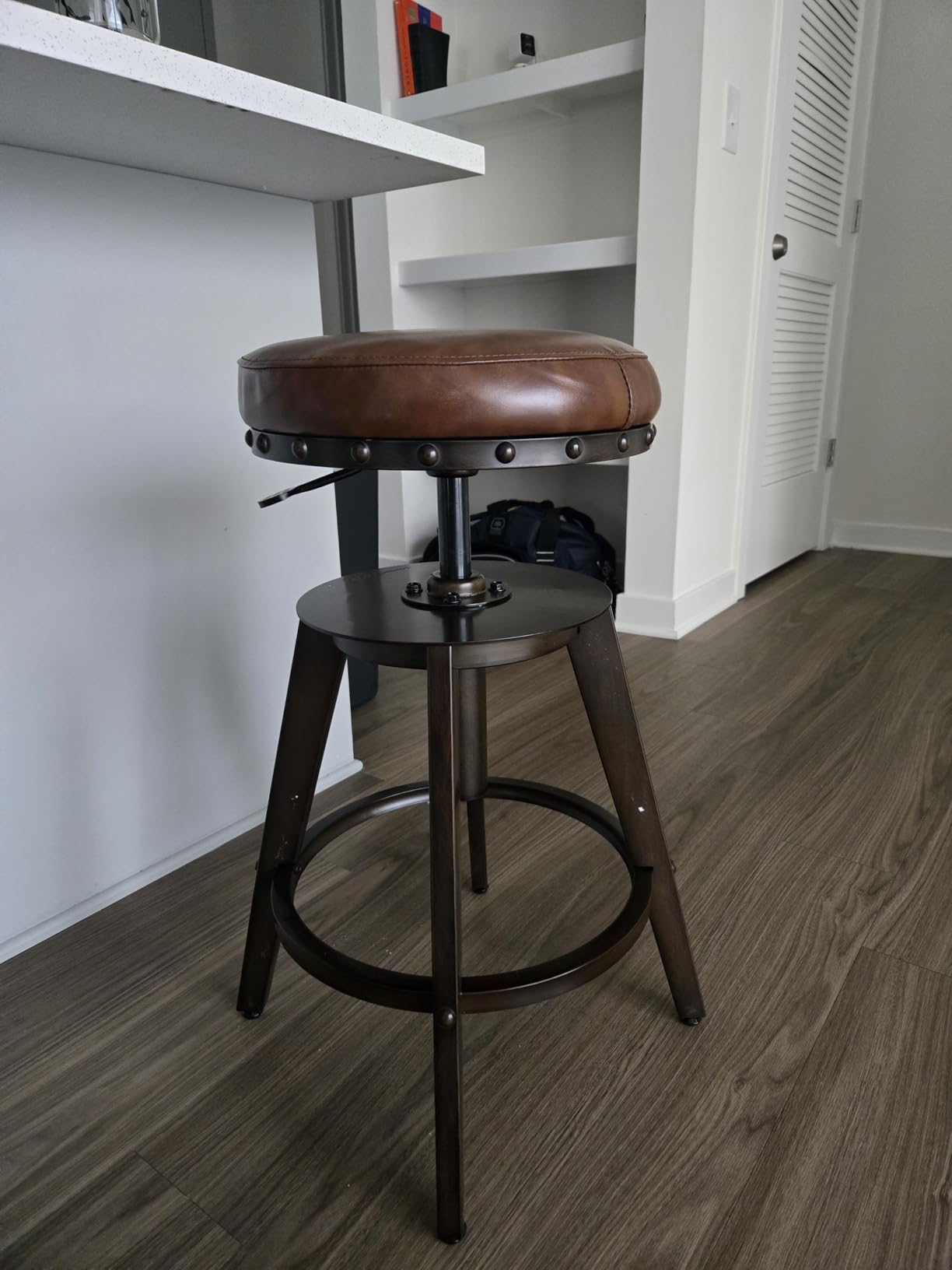 SONGMICS Home Bar Stools, Set of 2, Steampunk Counter Stool for Kitchen, Adjustable Height and Swivel Padded Seat, Workbench Stool, 16.5 x 19.3 x 24.6-29.3 Inches, Caramel Brown ULJB096K01 customer photo 2