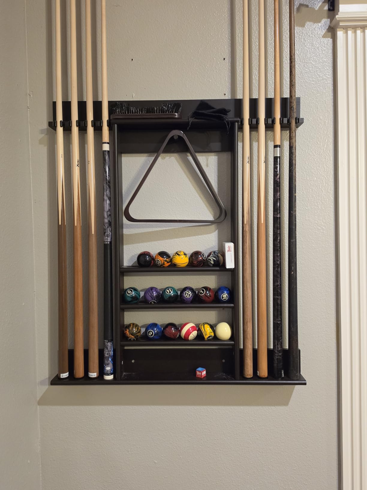 Pool Cue Rack, Bamboo Wall Mount Pool Sticks Holder, Holds 8 Cues and Full Set of Balls, Pool Table Accessories Organizer for Billiard Room or Club - Dark Brown customer photo 1