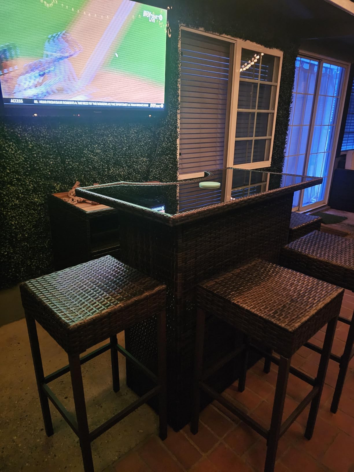 Outsunny 5 Pcs Rattan Wicker Bar Set, High Top Outdoor Table and Chairs, Bar Height Patio Set with Glass Table Top 2 Tier Storage Shelf, and 4 Bar Stools for Garden, Poolside, Dark Brown customer photo 2