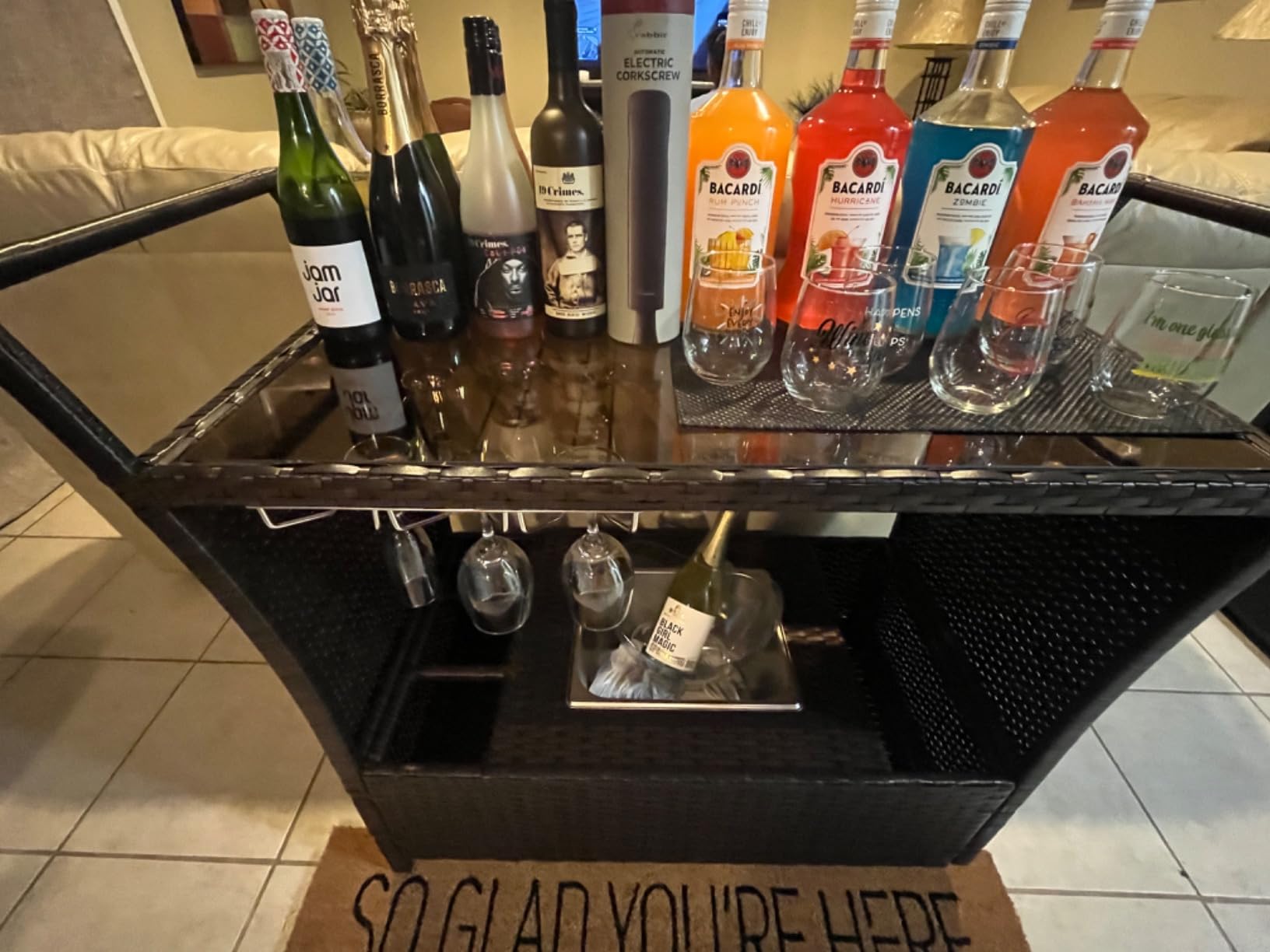 Best Choice Products Outdoor Rolling Wicker Bar Cart w/Removable Ice Bucket, Glass Countertop, Wine Glass Holders, Storage Compartments customer photo 2