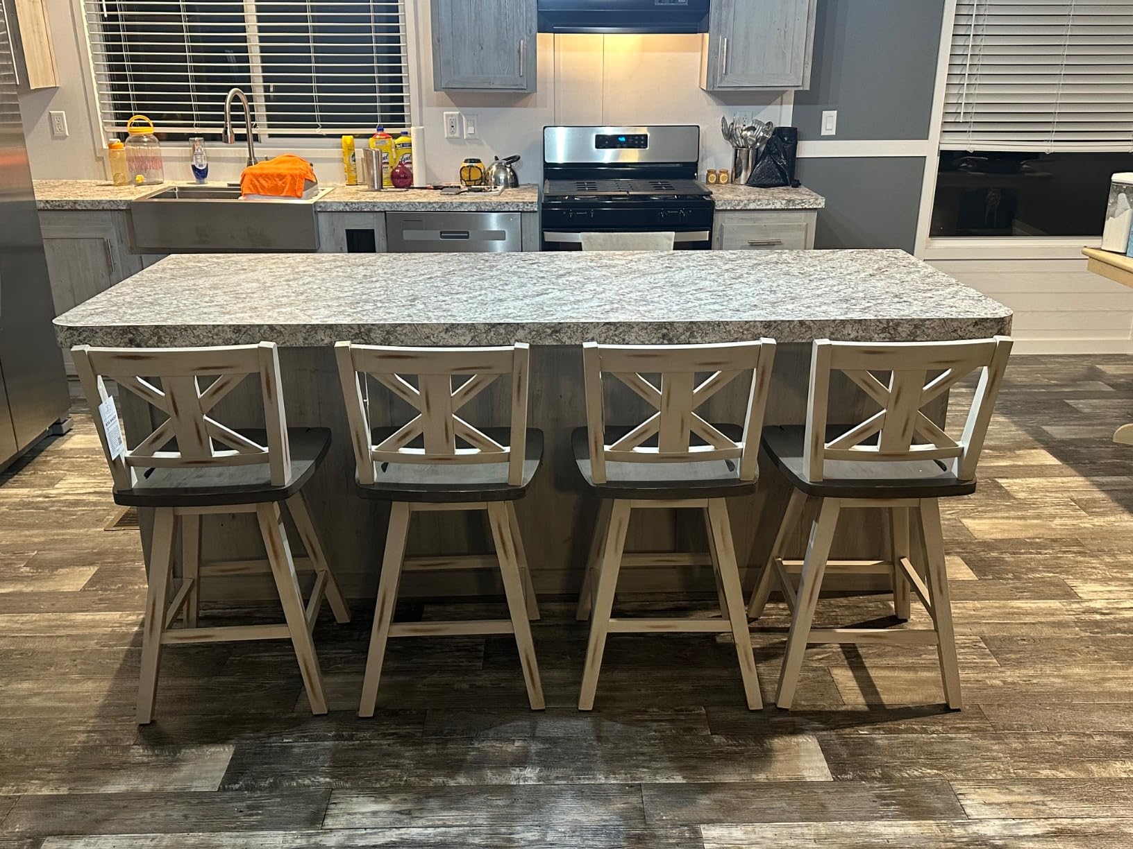 Lexicon Counter Height Stools Set of 2-Solid Wood Frame 360° Swivel Wooden Stools, Foot Rest, X Back, Wide Seat, Distressed Farmhouse Easy to Clean Finish, 24