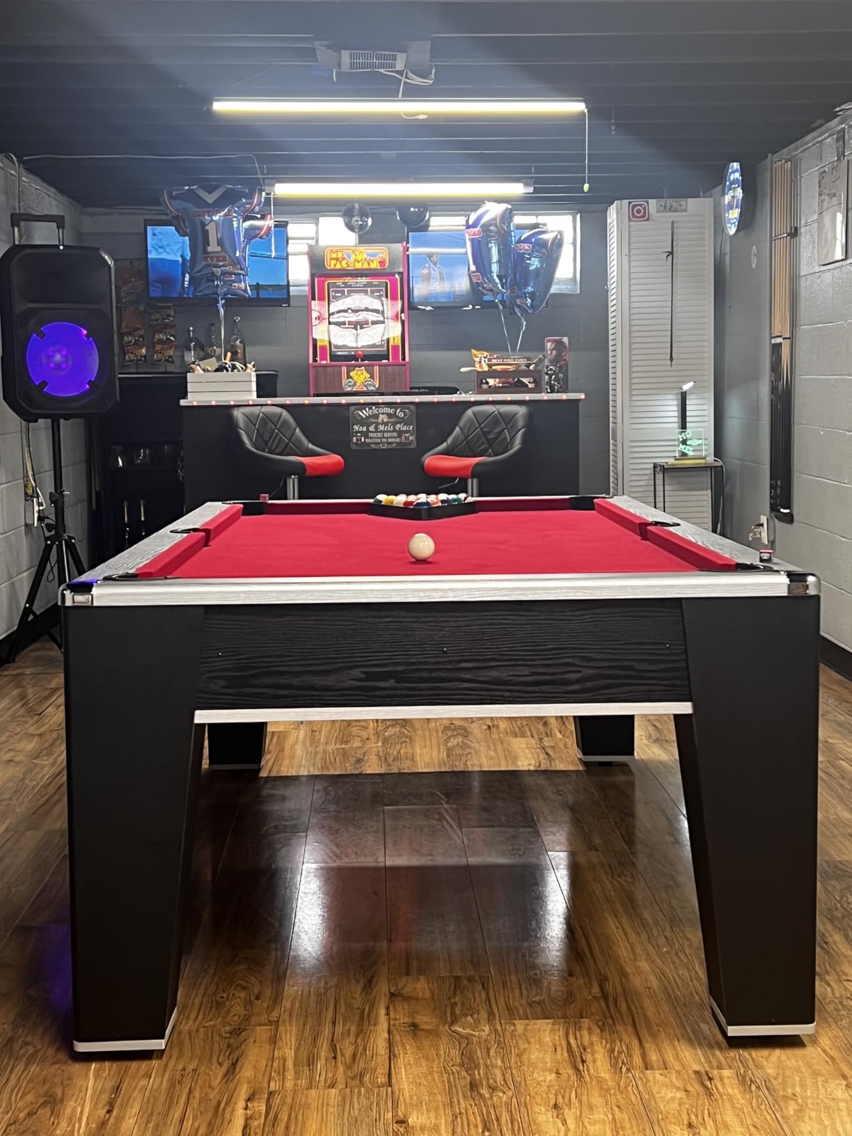 Mirage 7.5ft Pool Table for Game Room - Billiard Table with Poly-Coated Non-Slate Playfield, Drop Pockets & Leg Levelers - Includes Cues, Pool Balls, Chalk, Triangle & Brush - Black & Silver customer photo 1