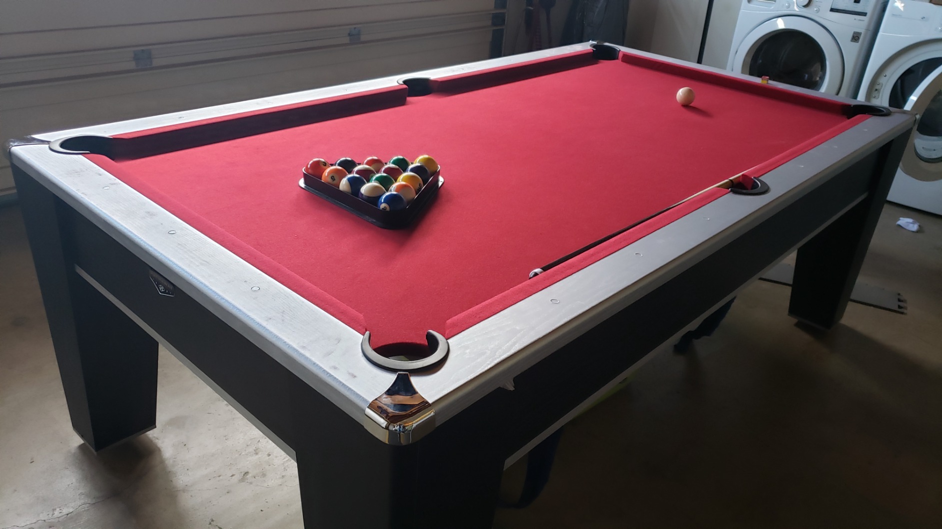 Mirage 7.5ft Pool Table for Game Room - Billiard Table with Poly-Coated Non-Slate Playfield, Drop Pockets & Leg Levelers - Includes Cues, Pool Balls, Chalk, Triangle & Brush - Black & Silver customer photo 2
