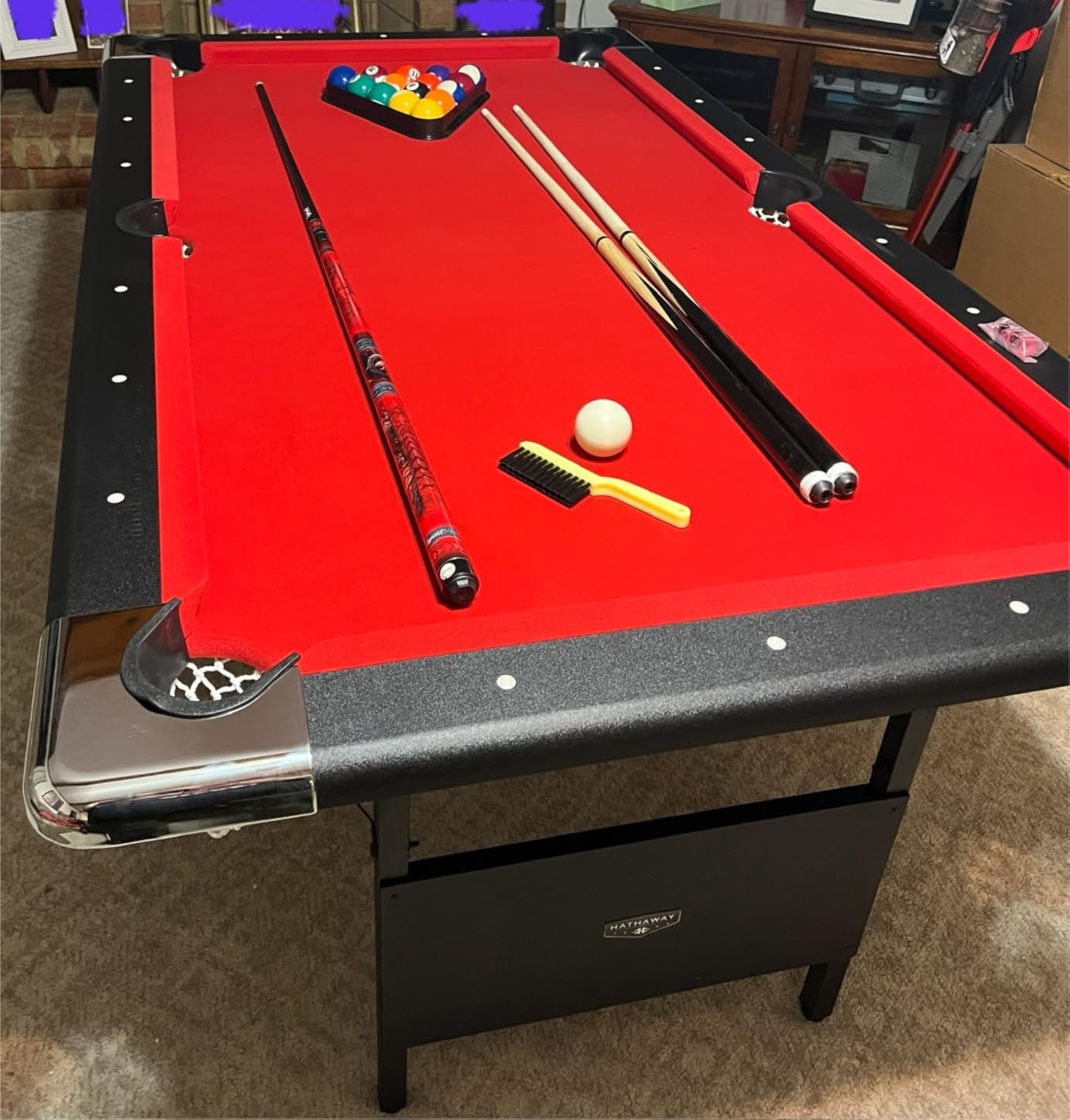 Hathaway Fairmont 6 Foot Folding Pool Table - Includes Full Set of Billiard Balls, Cues, Chalk, Triangle, and Carrying Bag - Portable Billiard Table with Red Felt, Black Finish customer photo 1