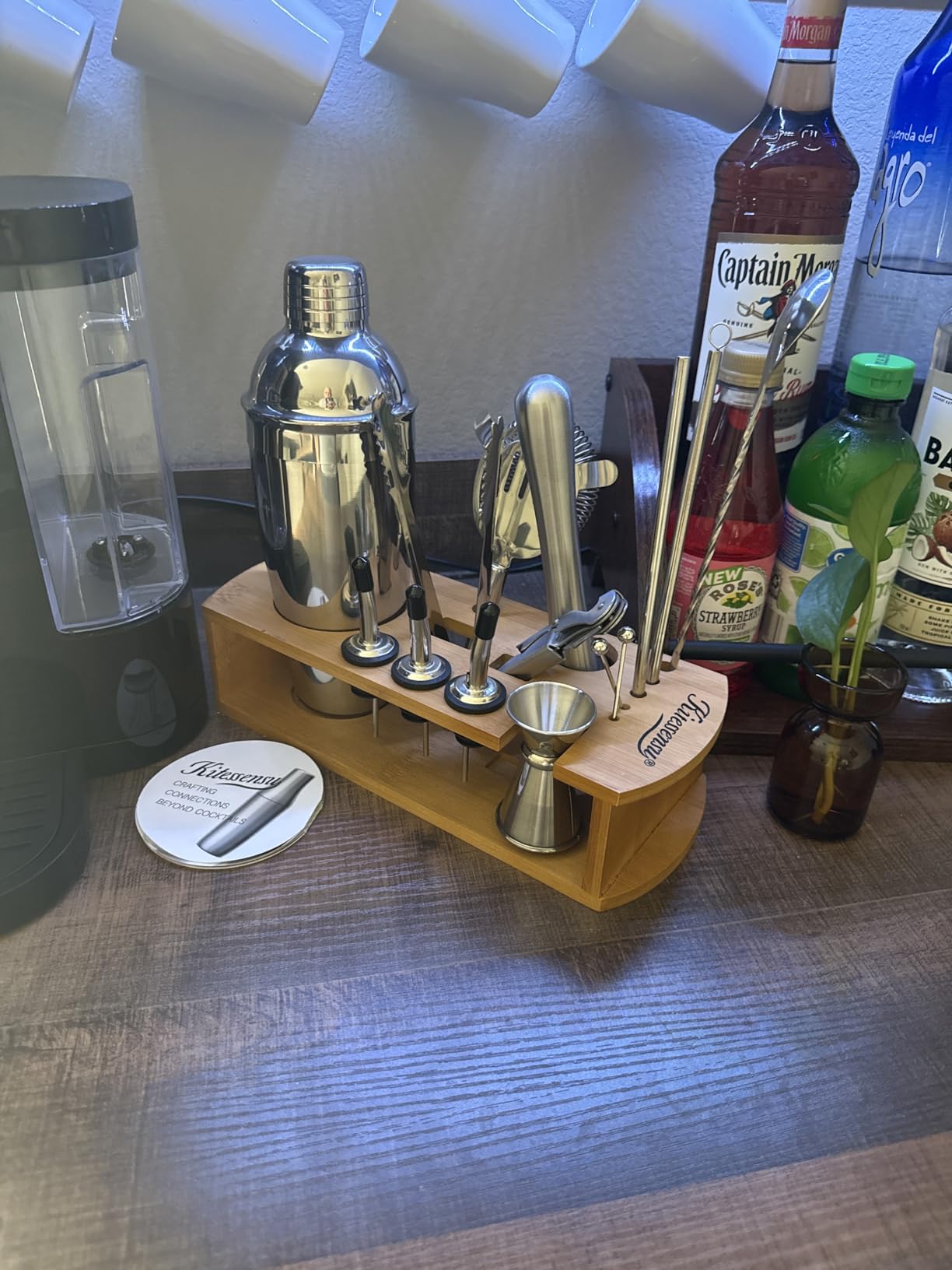 KITESSENSU Cocktail Shaker Set Bartender Kit with Stand | Bar Set Drink Mixer Set with All Essential Accessory Tools: Martini Shaker, Jigger, Strainer, Mixer Spoon, Muddler, Liquor Pourers | Silver customer photo 1