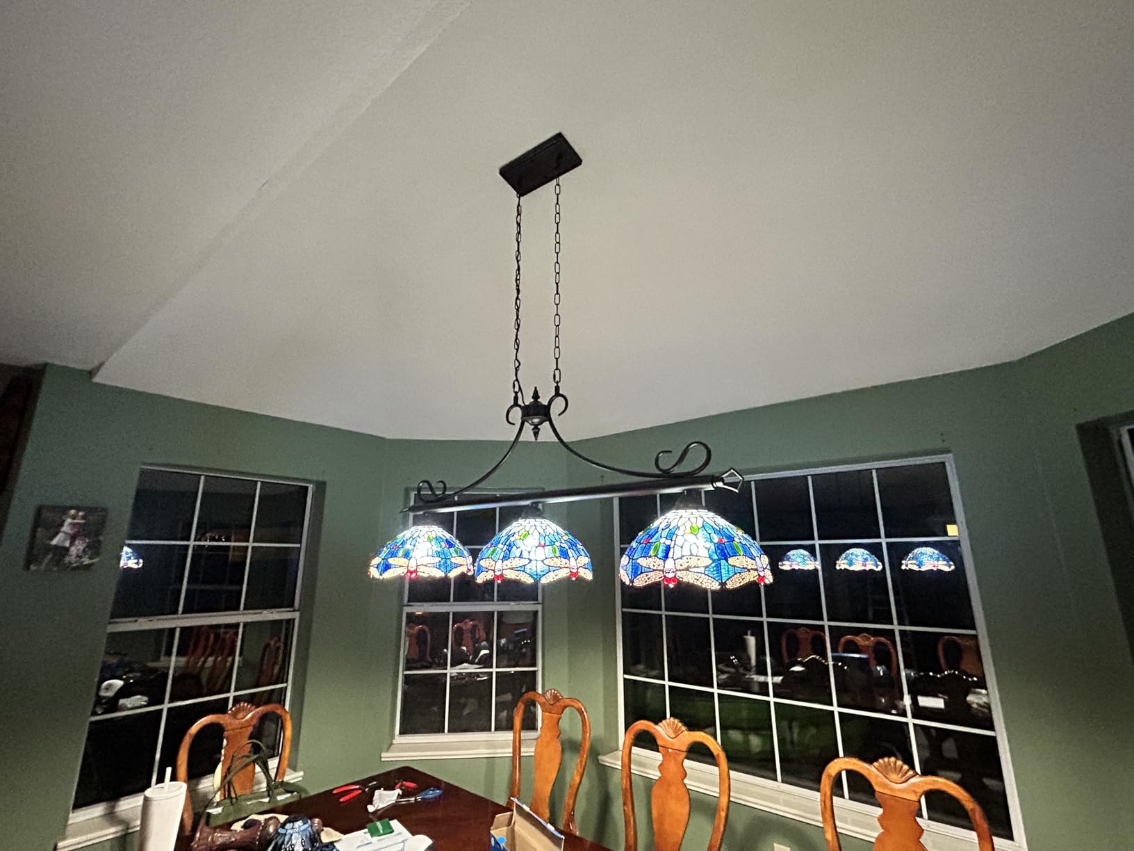Capulina Tiffany Lamp Stained Glass Pool Table Light 3-Light 45 Inches Wide Antique Blue Dragonfly Tiffany Style Pendant Light Chandelier for Dining Room Kitchen Island Farmhouse Billiard customer photo 2
