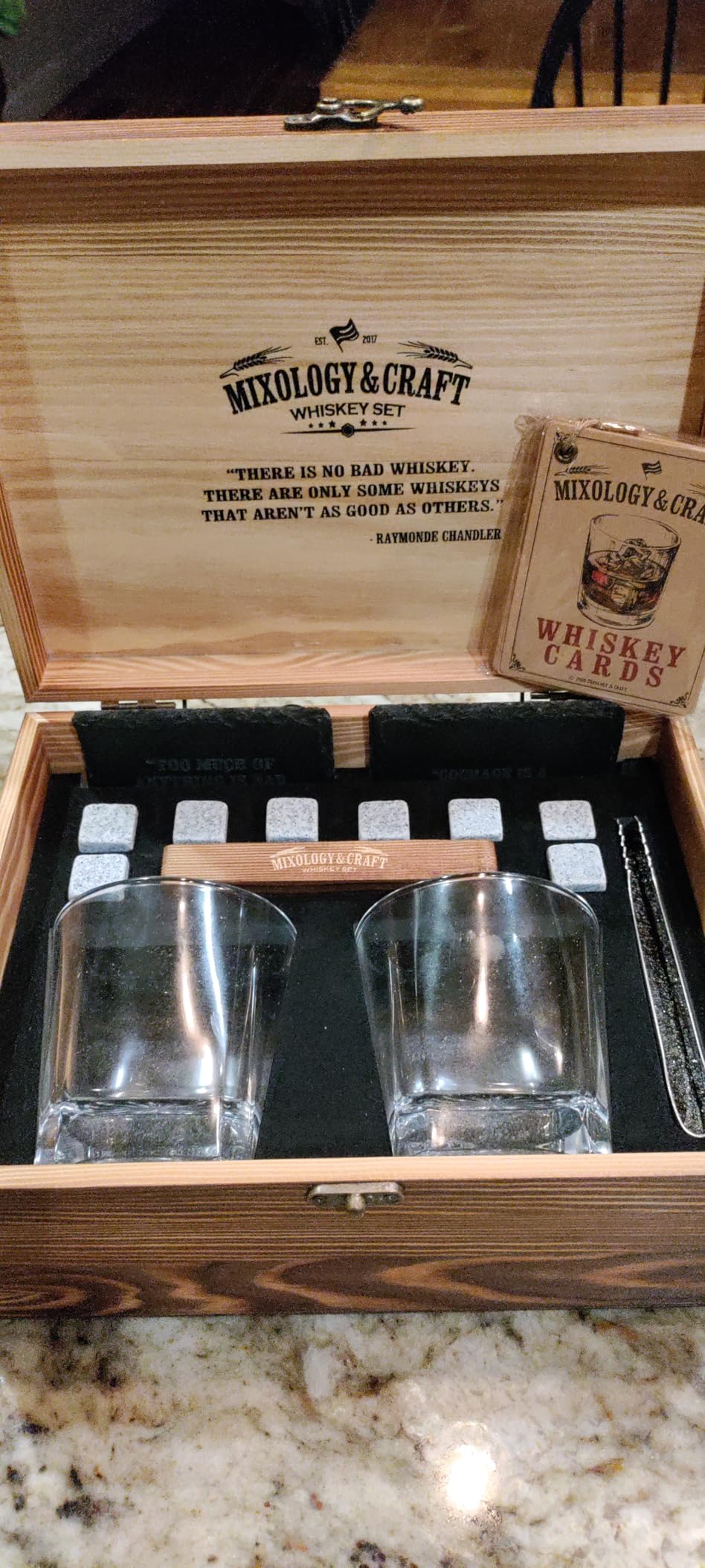 Mixology & Craft Whiskey Stones Gift Set: with Two 10oz Lead-Free Crystal Whiskey Glasses, 8 Whiskey Stones with Velvet Bag, 2 Slate Coasters & Recipe Cards in Wooden Crate customer photo 1