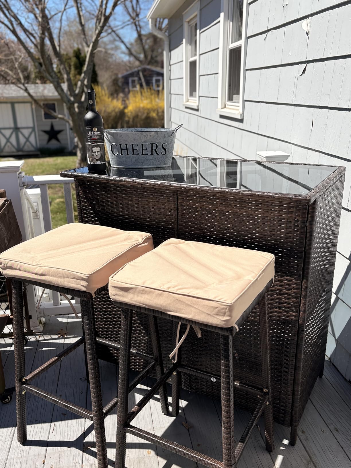 Yaheetech 3pcs Outdoor Bar Set, Patio Wicker Bar Furniture with 2 Storage Shelves, Glass Top Table, Cushions and Two Stools, Brown/Khaki customer photo 1
