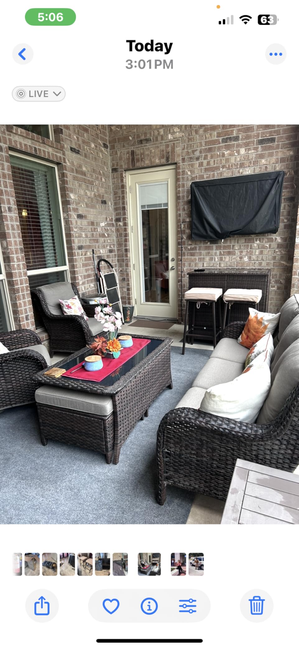 Yaheetech 3pcs Outdoor Bar Set, Patio Wicker Bar Furniture with 2 Storage Shelves, Glass Top Table, Cushions and Two Stools, Brown/Khaki customer photo 2
