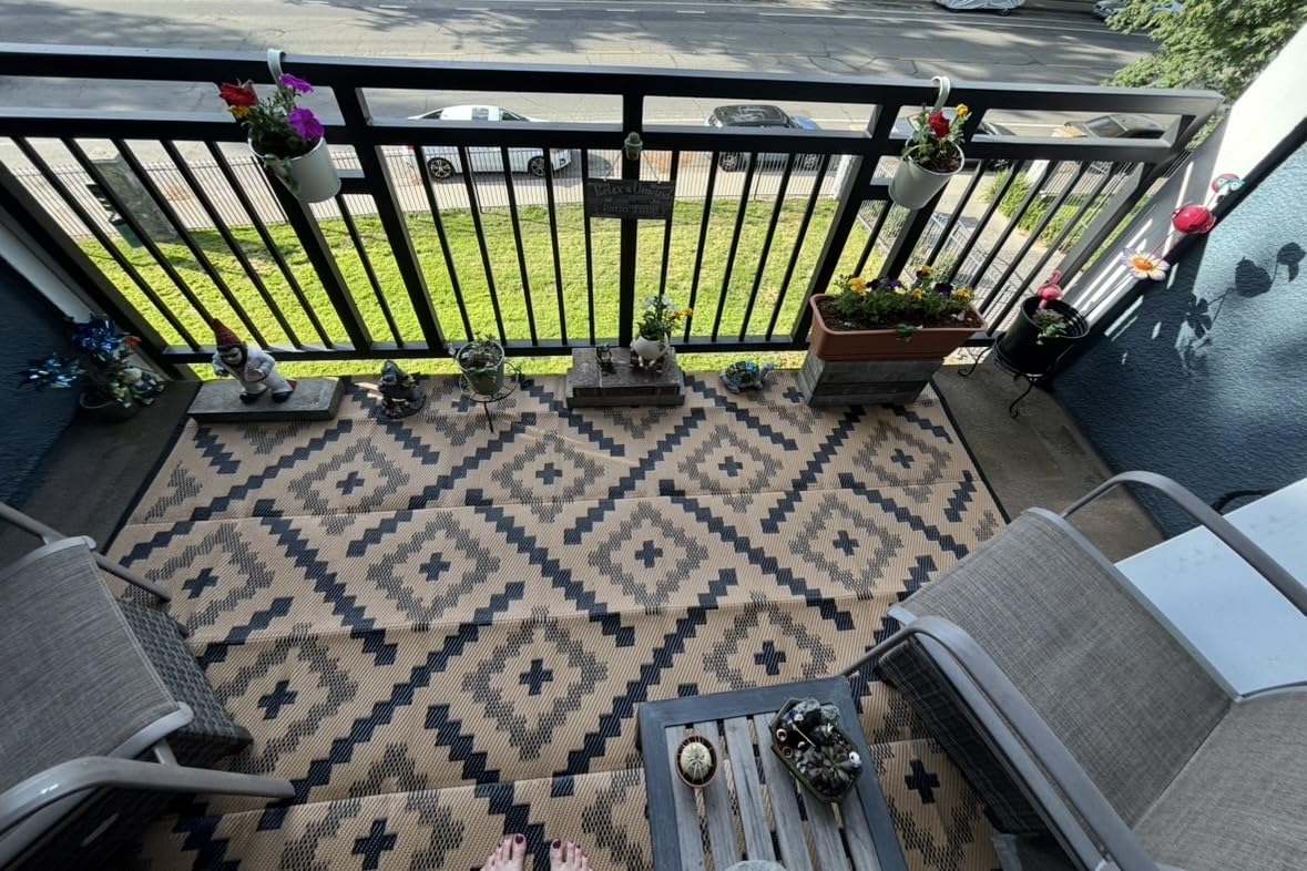 GENIMO Outdoor Rug, Waterproof Plastic Rugs for Patio, 5'x8' Black Grey | Outside Larger Modern Carpet Mat for Porch Decor, Deck, Balcony, Camping, RV, Backyard, Picnic, Beach, Reversible, Foldable customer photo 2
