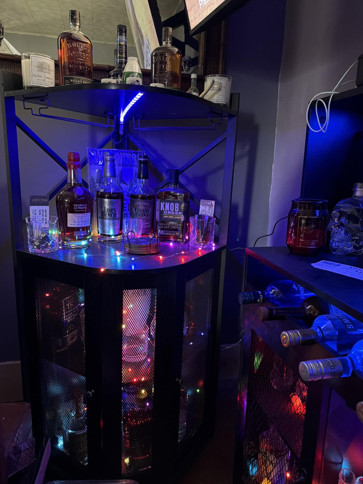 JKsmart Corner Bar Cabinet with LED Lights,Industrial Wine Cabinet with Glass Holder,4-Tier Wine Cabinet with Door and Shelf,Farmhouse Home Bar for Liquor Wine Coffee Storage,Rustic Brown customer photo 1