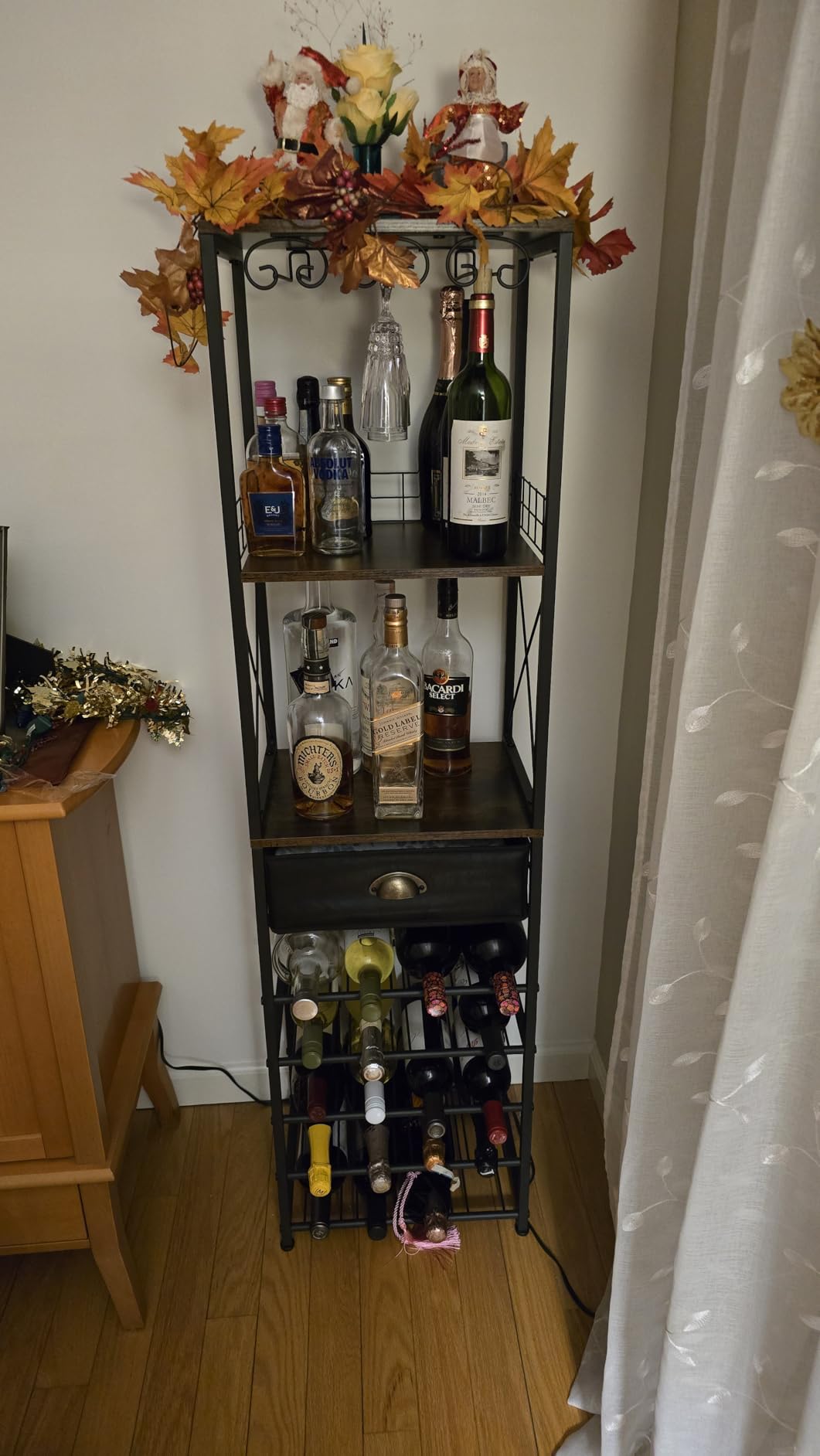 Homeiju Wine Rack Freestanding Floor, Bar Cabinet for Liquor and Glasses, 4-Tier Bar Cabinet with Tabletop, Glass Holder, Storage Drawer and Wine Storage for Living Room customer photo 2