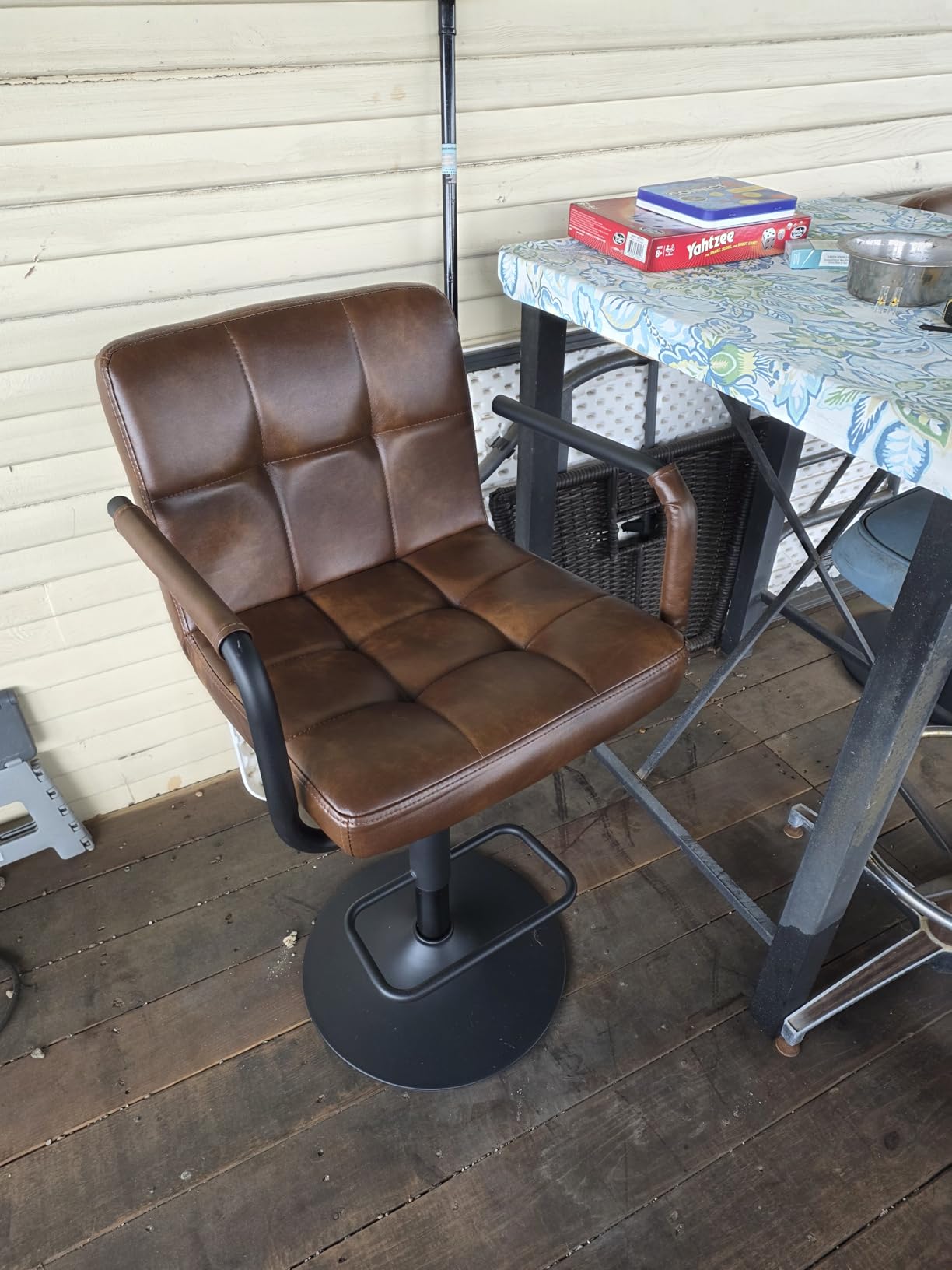 Furniliving Bar Stools Set of 2 with Back, Modern Square PU Leather Kitchen Stools with Armrest, Adjustable Counter Height Barstools for Kitchen Bar Pub Cafe (Darkbrown) customer photo 1