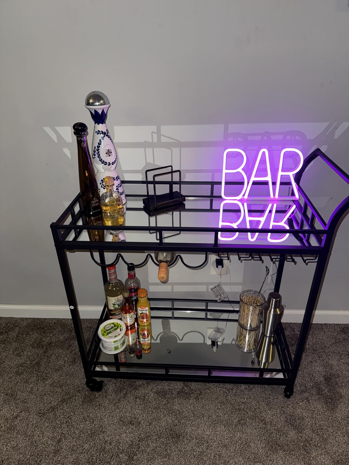 VASAGLE Bar Cart Black, Home Bar Serving Cart, Wine Cart with 2 Mirrored Shelves, Wine Holders, Glass Holders, for Kitchen, Dining Room, Black ULRC090B62 customer photo 1