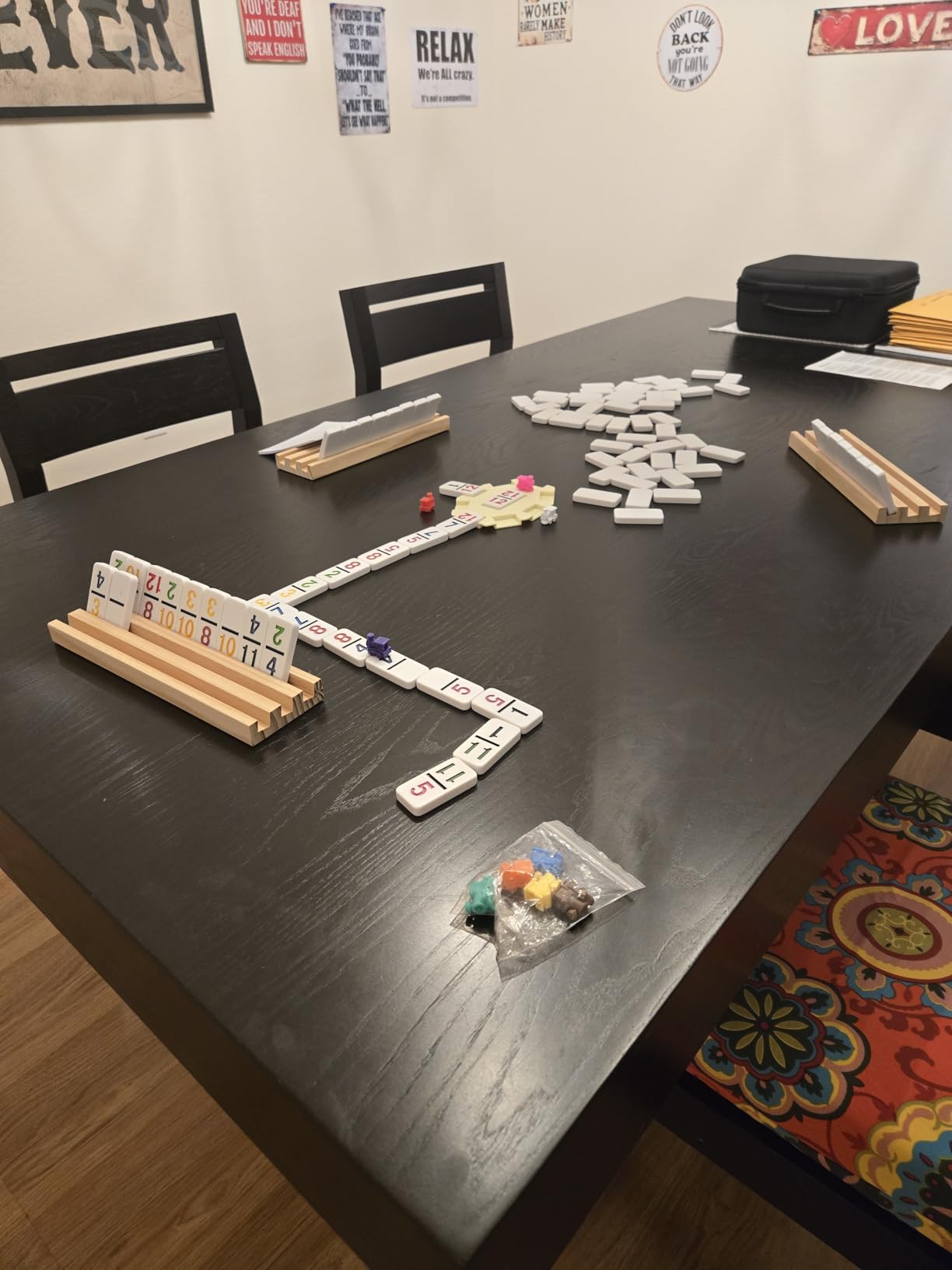 Mexican Train Dominoes Set with 4 Wooden Trays/Racks, Double 12 Dominos Travel Set with 4 Domino Tiles Holders, 91 Tiles Double 12 Colored Dominoes Game Set with Portable Case for Families Kids customer photo 1