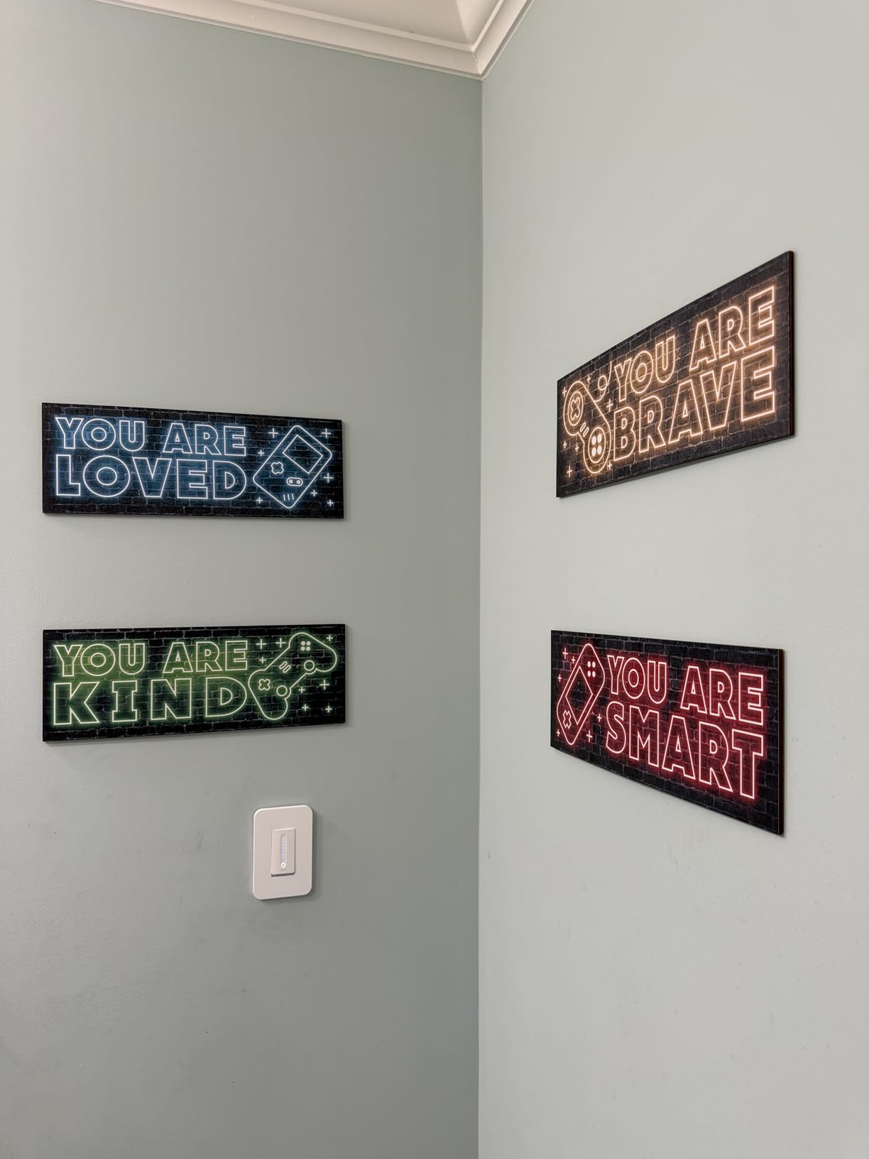 YLOLUL 4pcs Neon Game Art Prints, Wood Wall Art Decor for Boys Room, Gamer Decorations, Inspirational Quote Wall Decor, Modern Home Decor, 12 x 4 Inch, Red customer photo 1