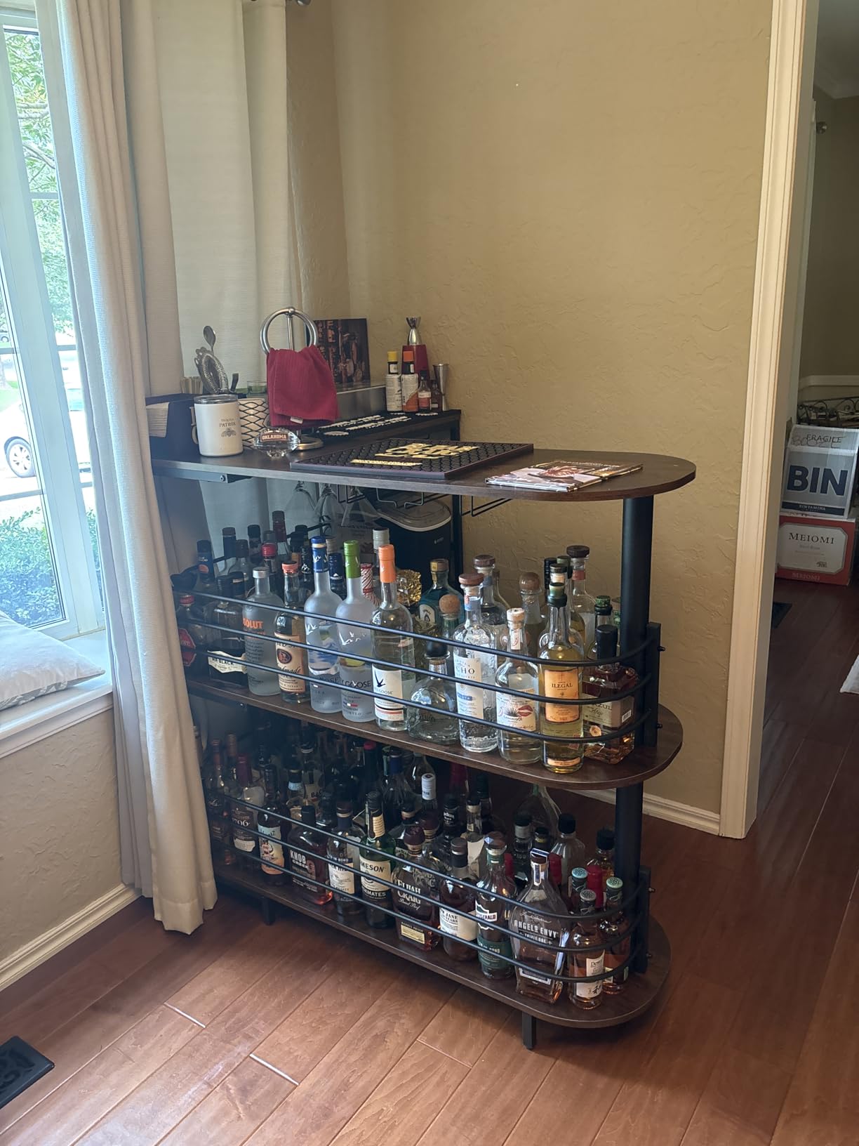 Tribesigns L-Shaped Home Bar Unit, 3 Tier Liquor Table With Storage Shelves and Wine Glasses Holder, Industrial Corner Wine Cabinet Mini Bar for Home Kitchen Pub, Rustic Brown customer photo 1