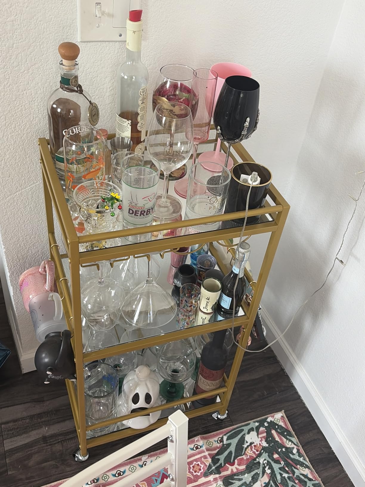TUTOTAK Bar Cart, Serving Cart for Home, Drink Cart, Mobile Kitchen Shelf with Wine Rack and Glass Holder, Rolling Beverage Cart, Gold BC01BB031 customer photo 1