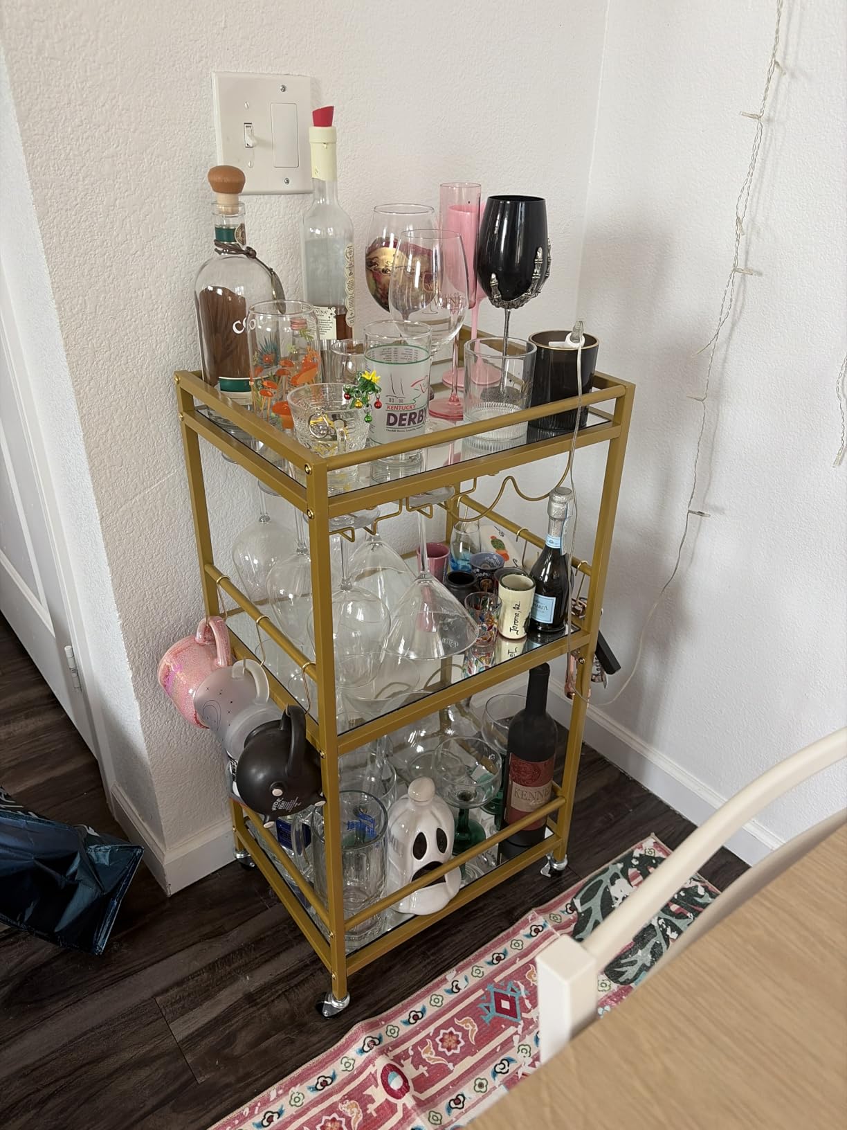 TUTOTAK Bar Cart, Serving Cart for Home, Drink Cart, Mobile Kitchen Shelf with Wine Rack and Glass Holder, Rolling Beverage Cart, Gold BC01BB031 customer photo 2