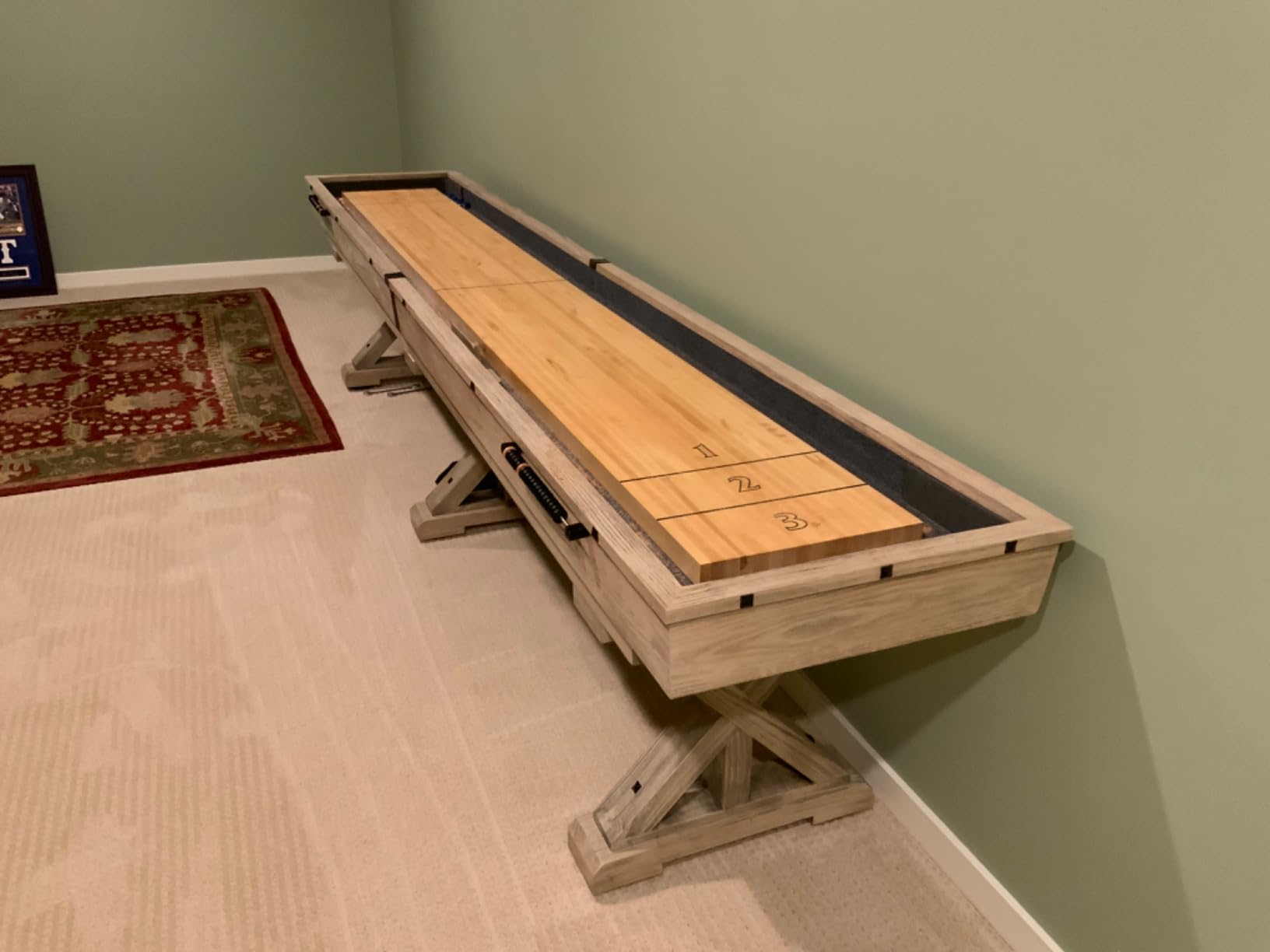 12 FT Solid Wood Shuffleboard Table, Comes in 2 6' Pieces Goes Around Stairs & Hallways, Multi Game Includes Bowling Pin Set & More customer photo 1