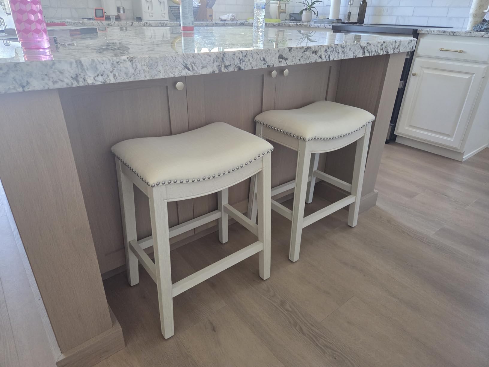 Maven Lane Adrien Backless Counter Stool - 26 Inches - Saddle Stool with Footrest - Cream Solid Wood Frame & Natural Fabric Upholstery - Perfect for Kitchen Islands & Counters customer photo 1