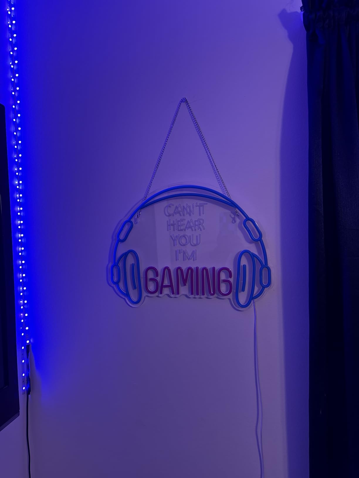 Gaming Neon Sign, Large Bright and Dimmable Colored LED Headset Gamer Neon Light and USB Powered Headphone Lightup Game Signs for Game Zone Video Room Boy Bedroom Wall Decor (Can't Hear You I'm Gaming) customer photo 1