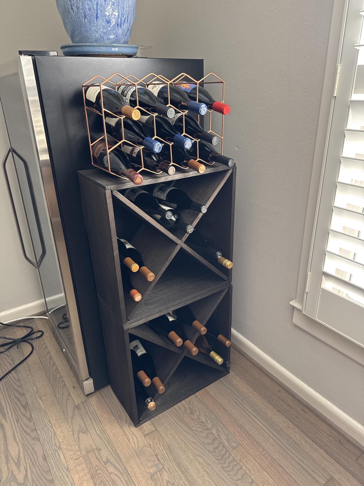 Wine Rack Cabinet countertop Wooden Stackable Storage Retro Cube freestanding Floor Wine Bottle Holder Stand(96BottleBlack) customer photo 1