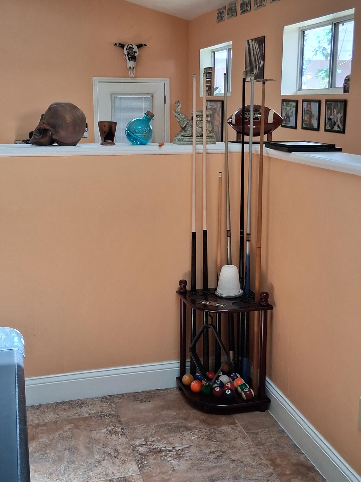 Floor Standing Pool Cue Rack Hold 8 Cue Sticks & Pool Table Accessories, Solid Wood Pool Stick Holder, Corner Pool Cue Holder with Ball Rack Hook & Scorer Counter customer photo 1