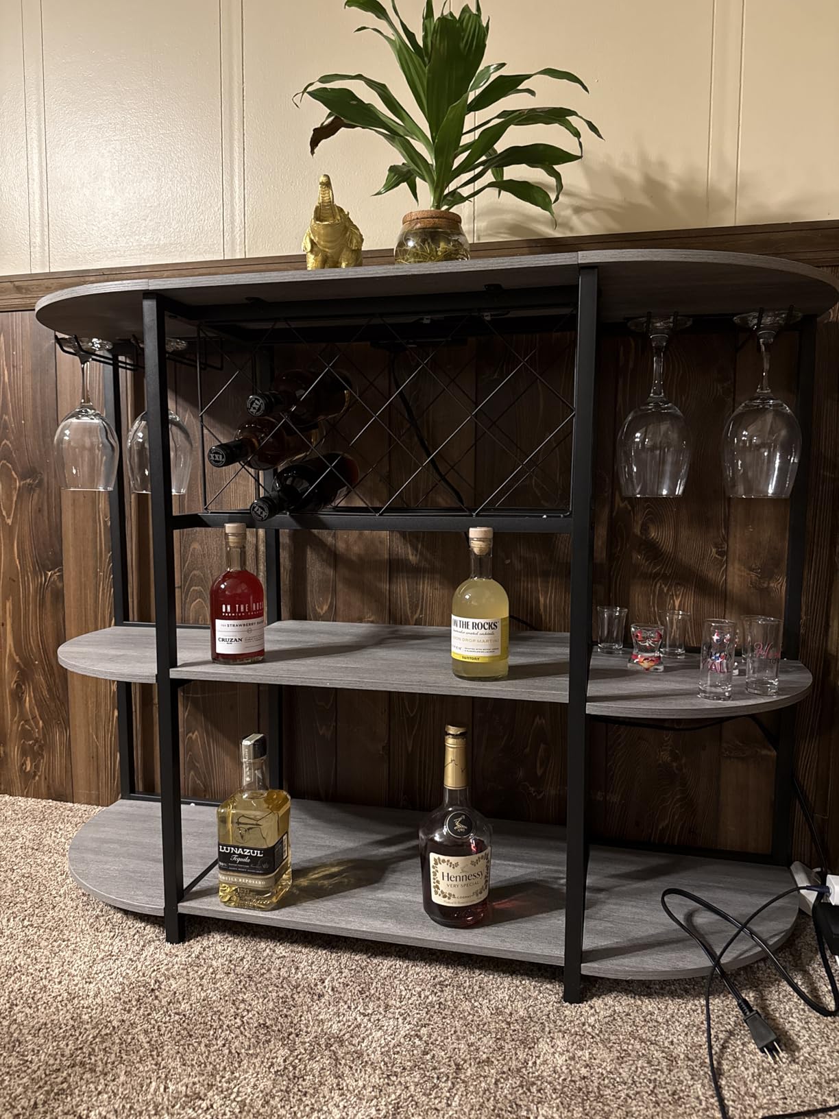 Unikito 4-Tier Metal Coffee Bar Cabinet with Outlet and LED Light, Freestanding Floor Bar Table for Liquor with Glass Holder and Wine Storage, Wine Table Bakers Rack for Kitchen Dining Room, Black customer photo 2