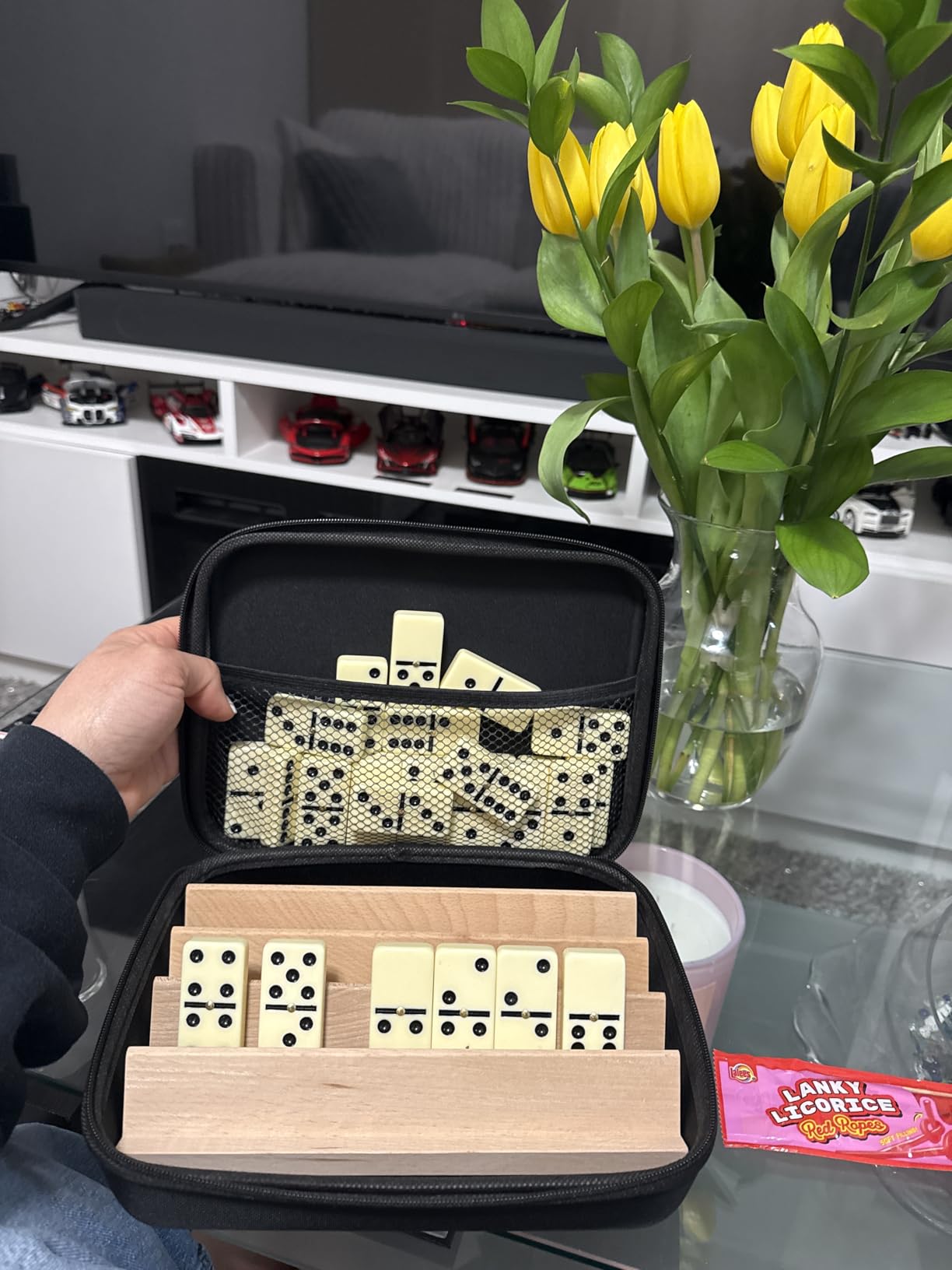 Jumbo Dominos Set for Adults with 4 Wooden Racks/Trays, Double 6 Dominoes Travel Set with Portable Case Double Six Dominoes Set with 4 Tiles Holders, 28 Tiles Dominos Set for Family Board Games customer photo 1