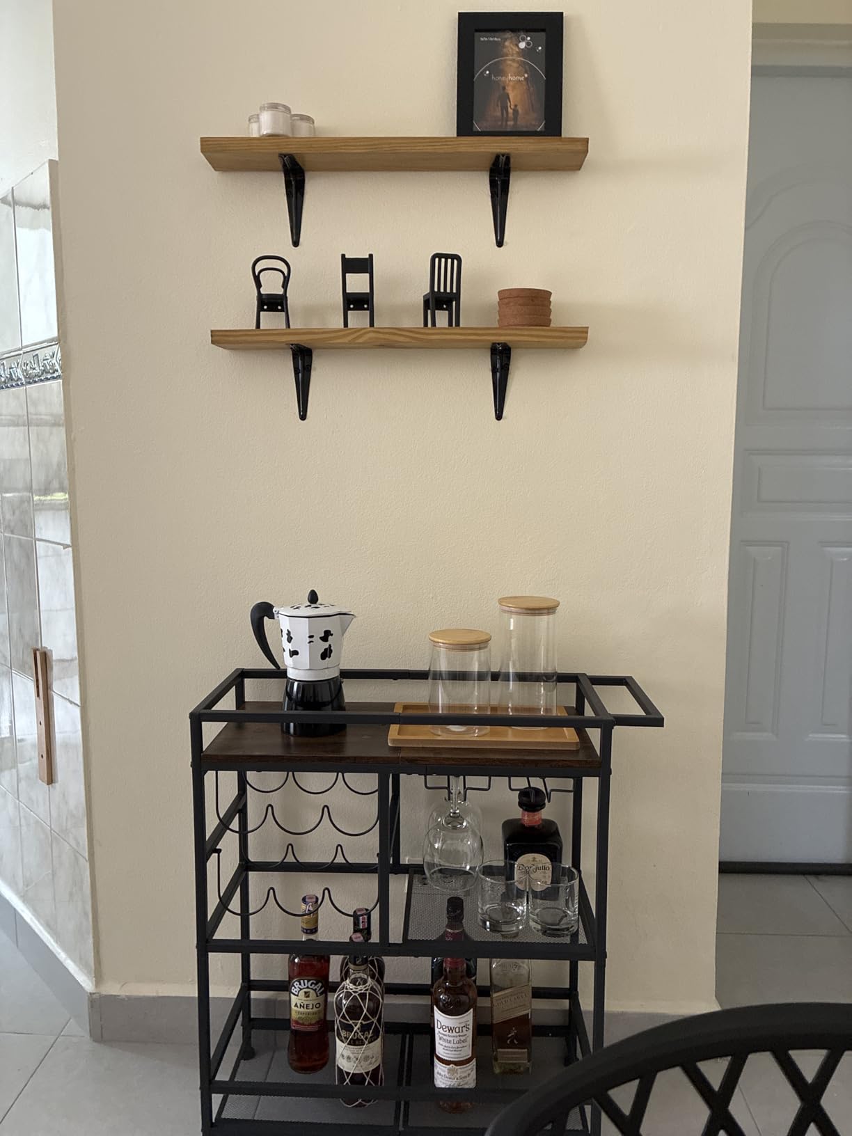 MAHANCRIS Bar Cart for Home, 3-Tier Serving Cart with Wheels and Handle, Beverage Cart with Wine Rack and Glass Holders, Rolling Wine Cart for Kitchen, Dining Room, Gold and White RCJM6101 customer photo 1