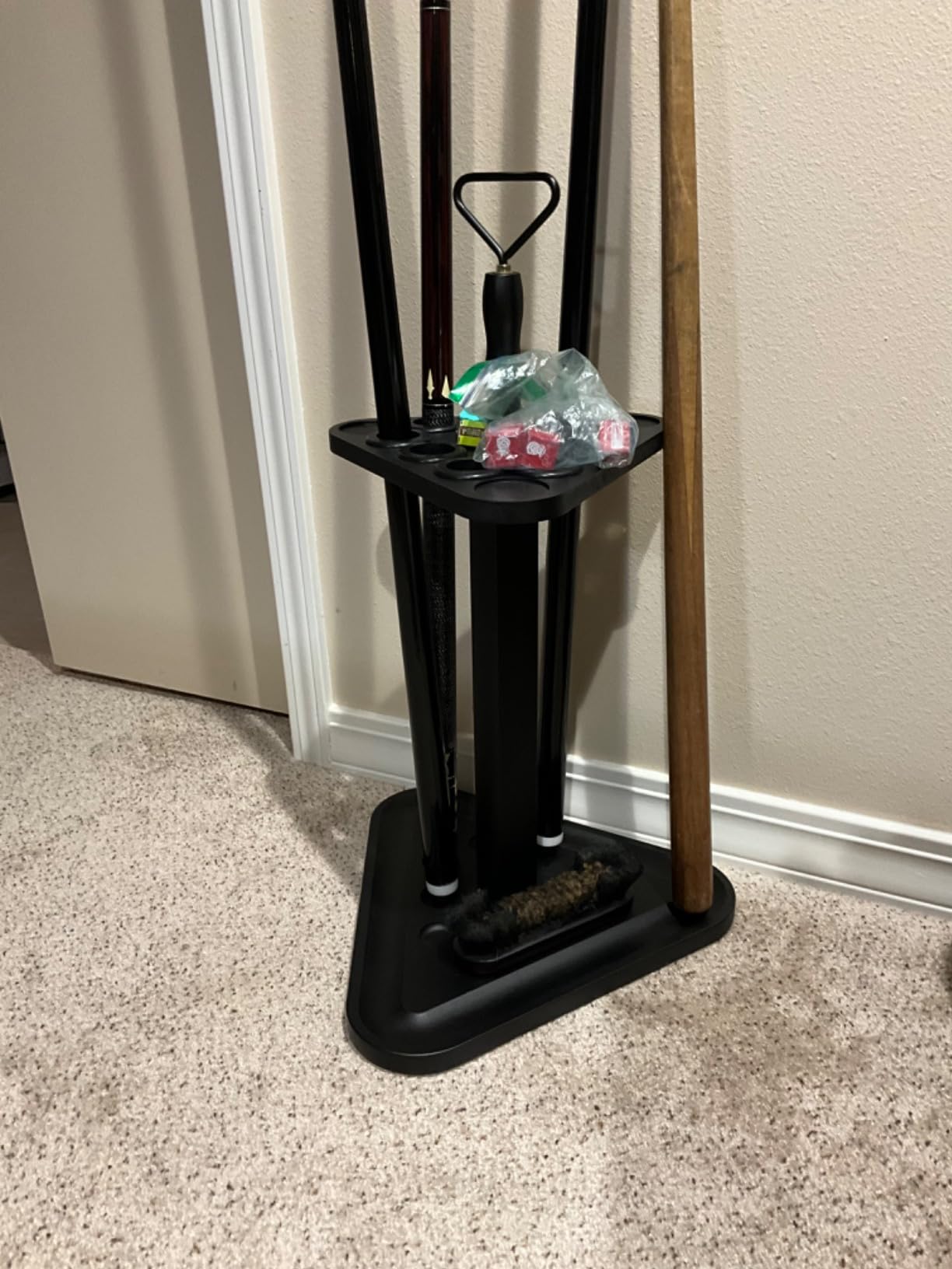 Pool Cue Rack Floor Stand | Wood Billiard Stick Holder & Game Room Organizer | Holds 9 Cues, Full Ball Set & Accessories | Classic Triangle Design for Stability & Style | Easy Assembly customer photo 1