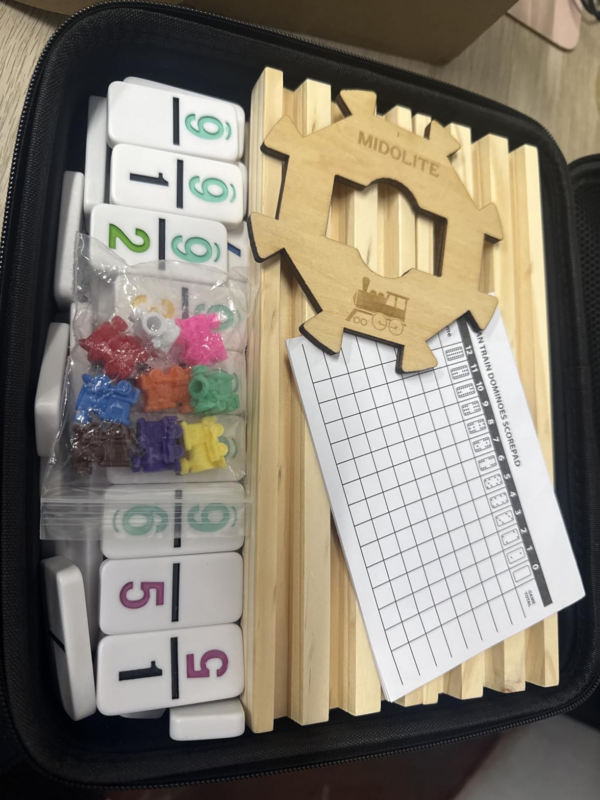 Mexican Train Dominoes Set with Numbers and 4 Wooden Racks, Double 12 Domino Travel Set with Wooden Hub, 91 Colored Domino Tiles Game Set with for Family Game Night customer photo 1