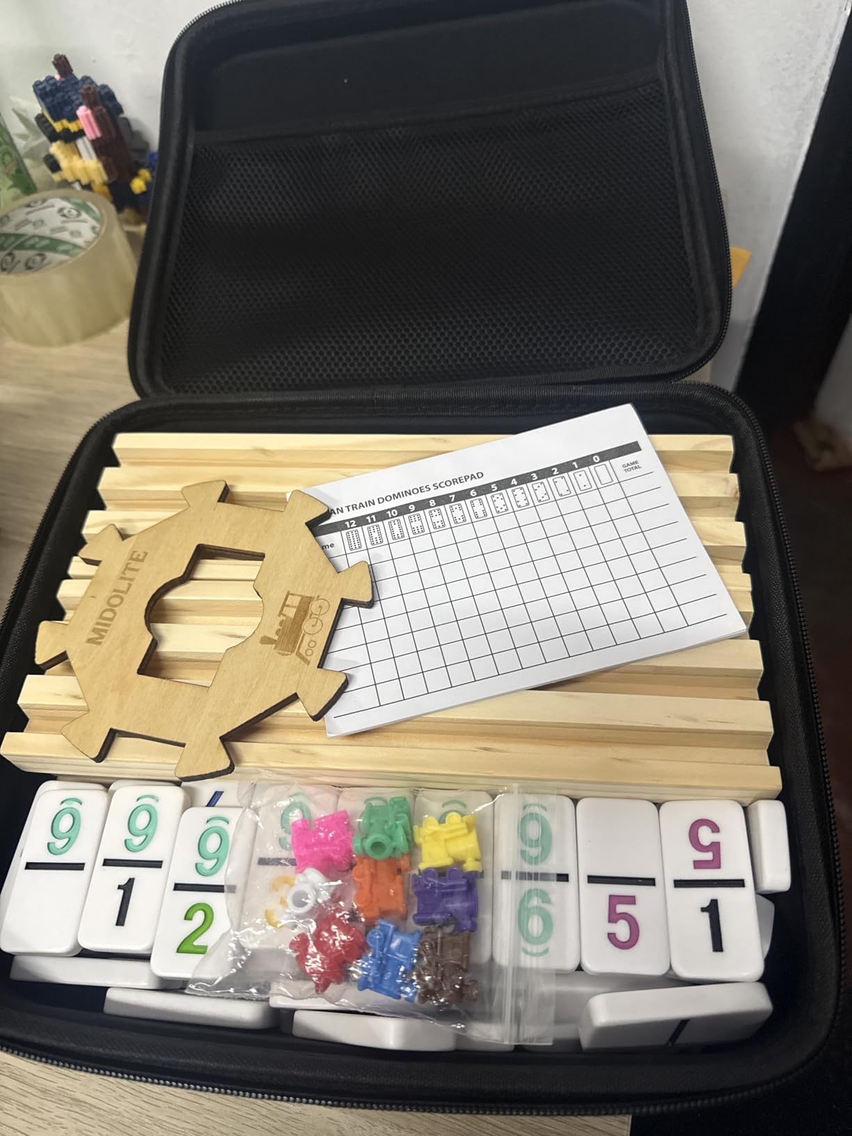 Mexican Train Dominoes Set with Numbers and 4 Wooden Racks, Double 12 Domino Travel Set with Wooden Hub, 91 Colored Domino Tiles Game Set with for Family Game Night customer photo 2