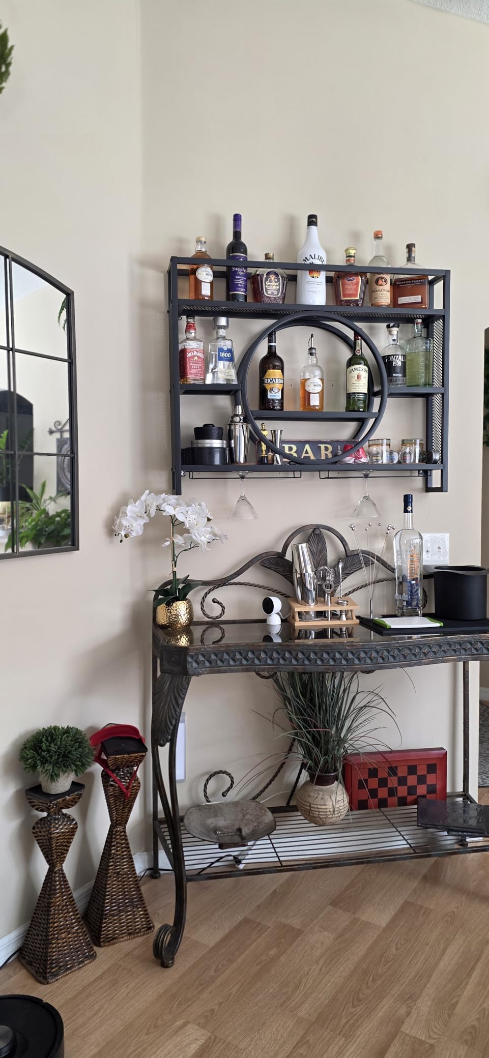 39 Inch Metal Wall Mounted Wine Rack, 3 Tier Bar Shelves with Glass Holder, Large Capacity Modern Liquor Shelves for Home Bar, Dining Room & Kitchen, Black customer photo 2