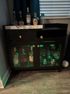 COCO DESIGN Small Bar Cabinet, Black Modern Liquor Wine Cabinet with Storage with Led Light for Home, Farmhouse Buffet Coffee Sideboard with Glass Door & Wavy Wine Rack for Kitchen customer photo 1