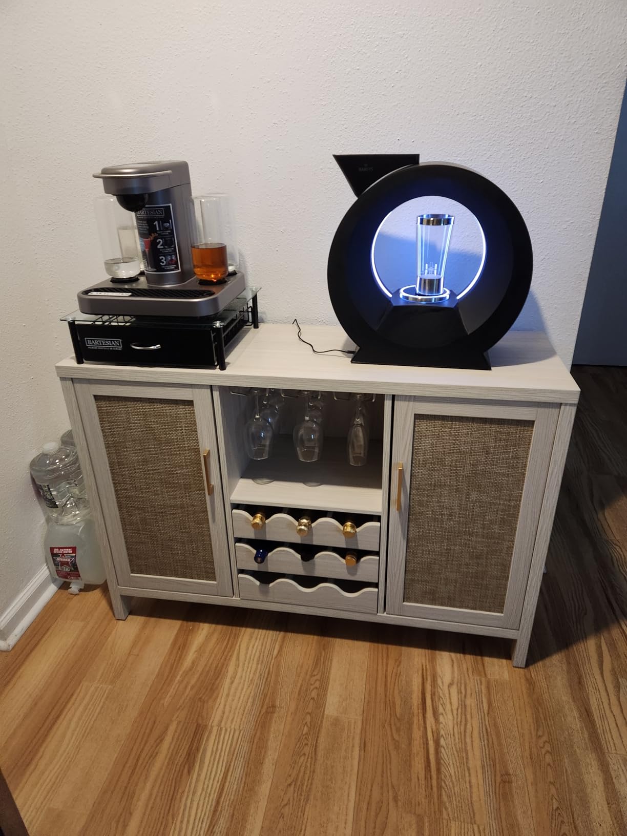 Rattan Wine Bar Cabinet, Boho Rattan Home Bar with Glass Holder and Drawer Style Racks, Oak Sideboard Buffet Storage Cabinet for Living Dining Room Kitchen customer photo 1