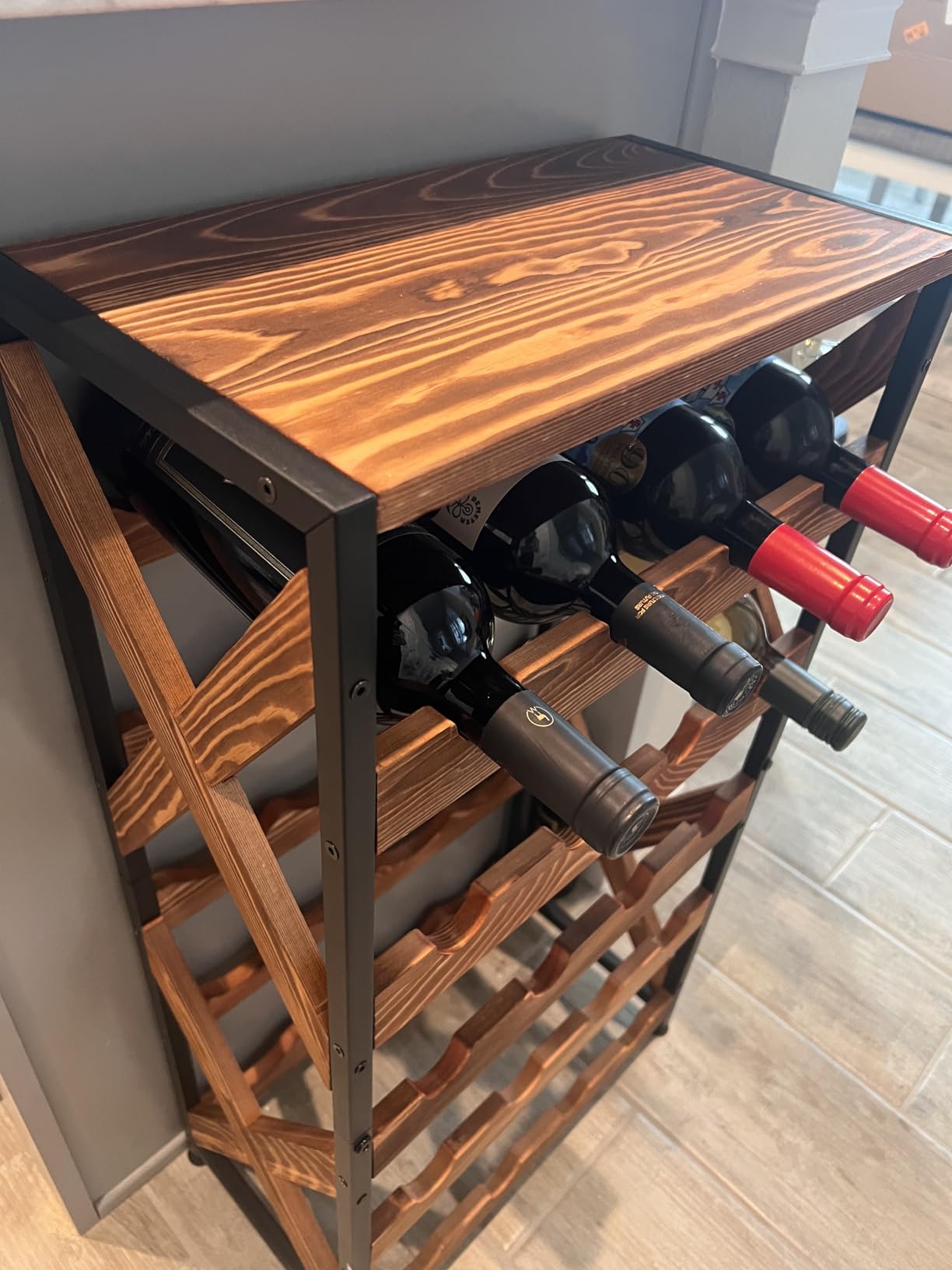 20 Bottle Wine Rack Freestanding Floor with Wood Top, Wobble-Free 5 Tier Wine Display Storage Stand Shelf, Stackable Modular Wine Bottle Holder Rack for Kitchen, Cellar, Living Room customer photo 1
