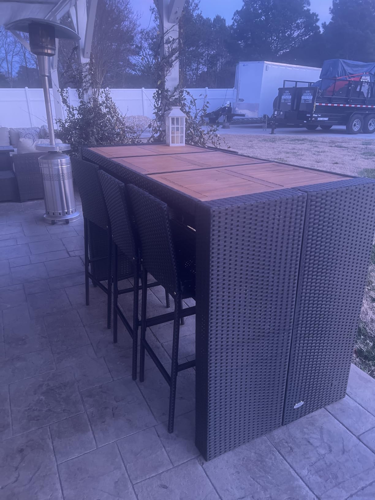 RELAX4LIFE 5-Piece Outdoor Bar Set - Wicker Rattan Bar Height Dining Table w/Acacia Wood Top & 4 Bar Stools Chairs w/Seat Cushions, Backrest, Footrest, Outside Patio Bistro Set for Backyard (47.5'') customer photo 2