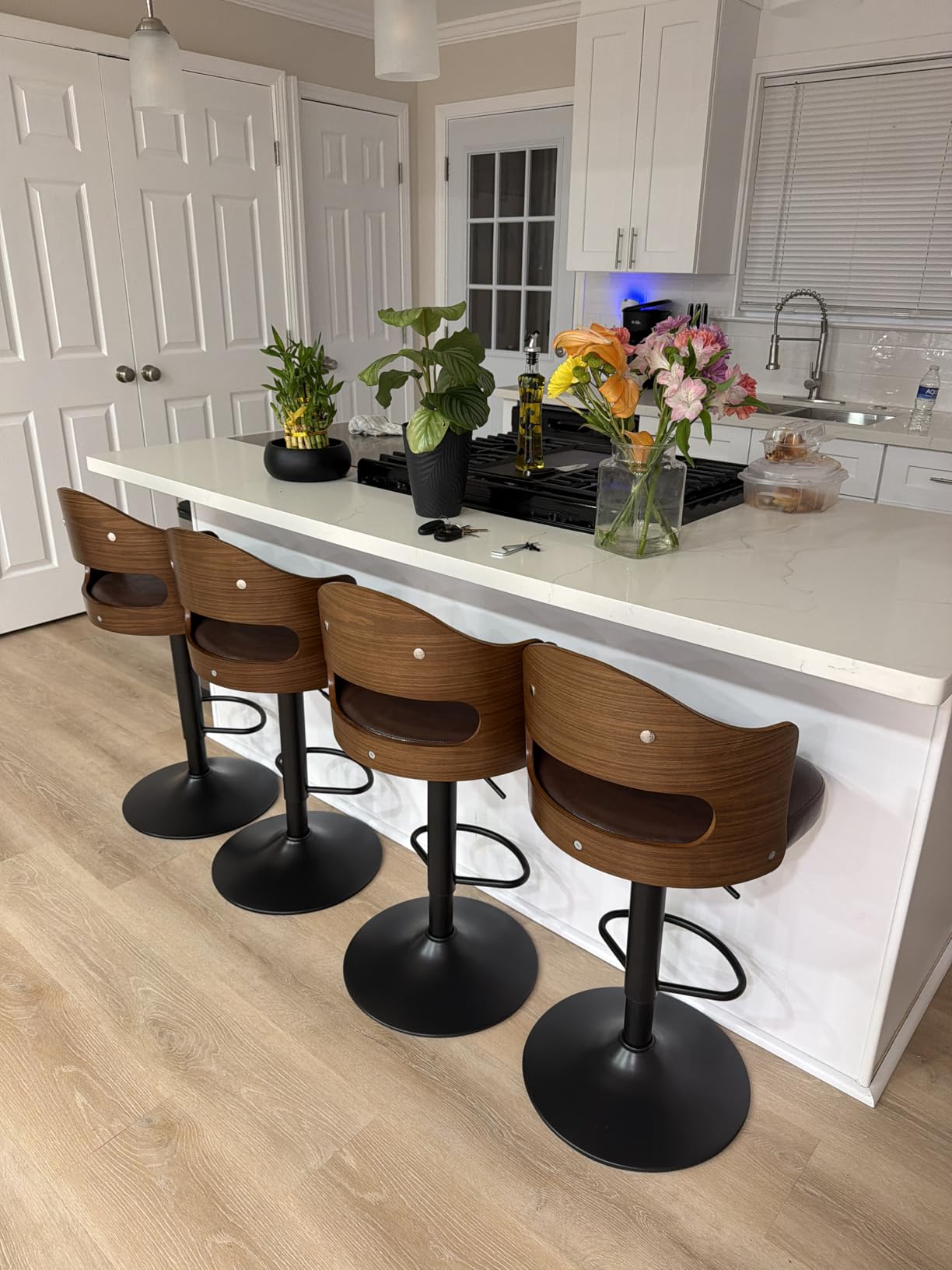 Swivel Bar Stools Set of 3, Wooden Upholstered PU Leather Barstools with Back & Footrest, Seat Adjustable Height 24.5-33.5IN customer photo 1