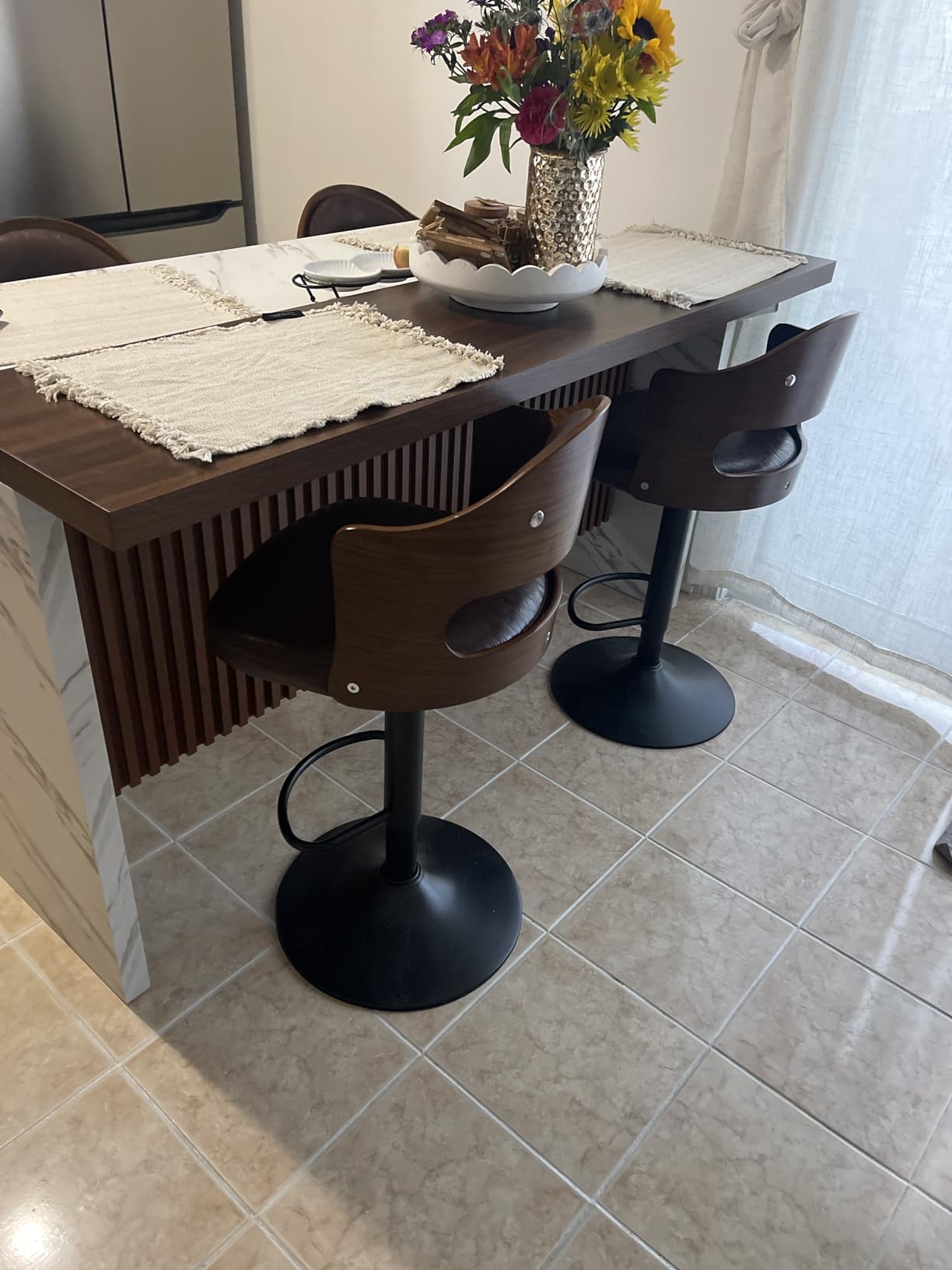 Swivel Bar Stools Set of 3, Wooden Upholstered PU Leather Barstools with Back & Footrest, Seat Adjustable Height 24.5-33.5IN customer photo 2