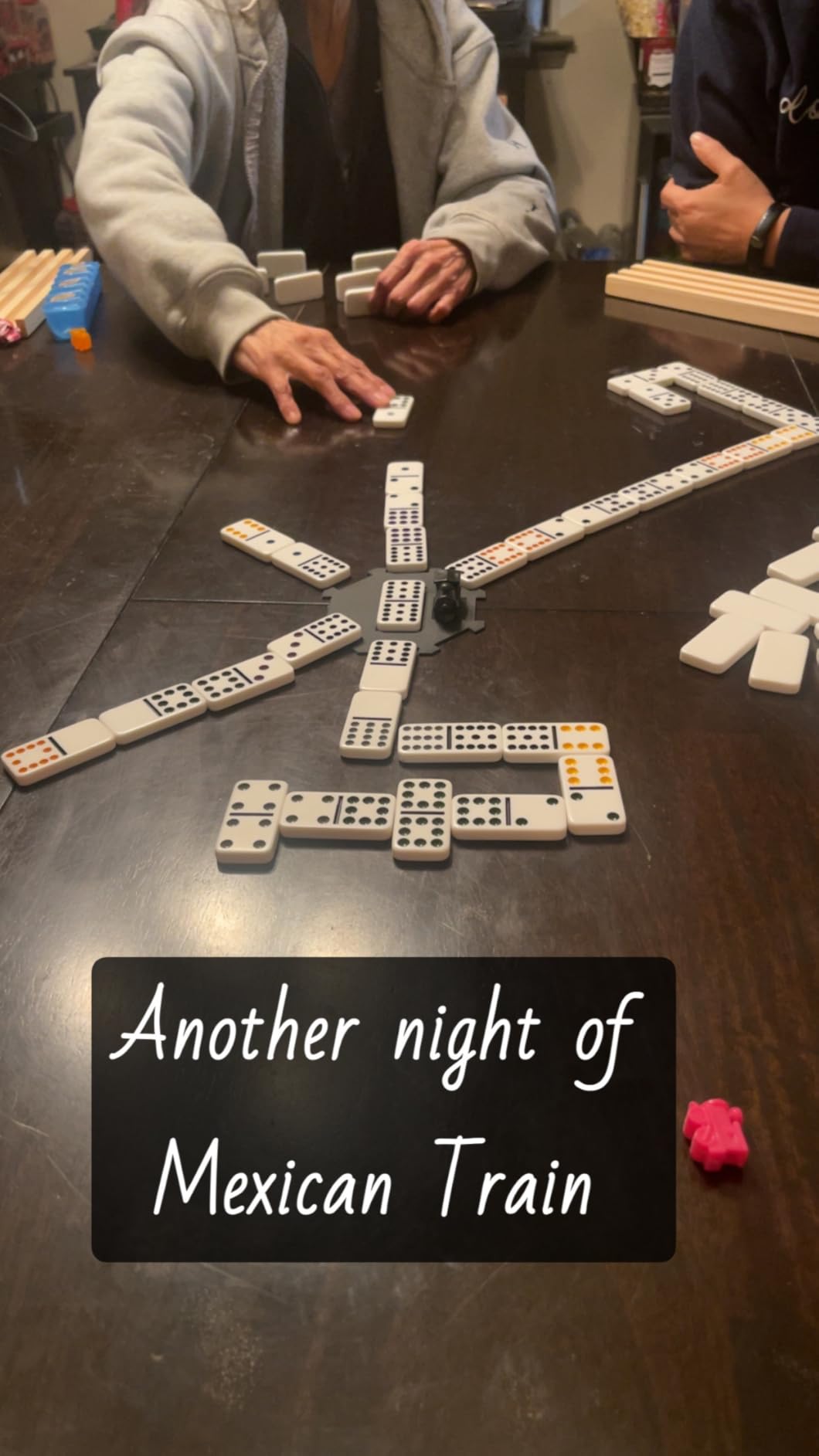 Mexican Train Double 12 Dominoes Set - 91 Tiles with 4 Wooden Trays & Travel Case, Family Board Game for Adults Kids Party Travel customer photo 1