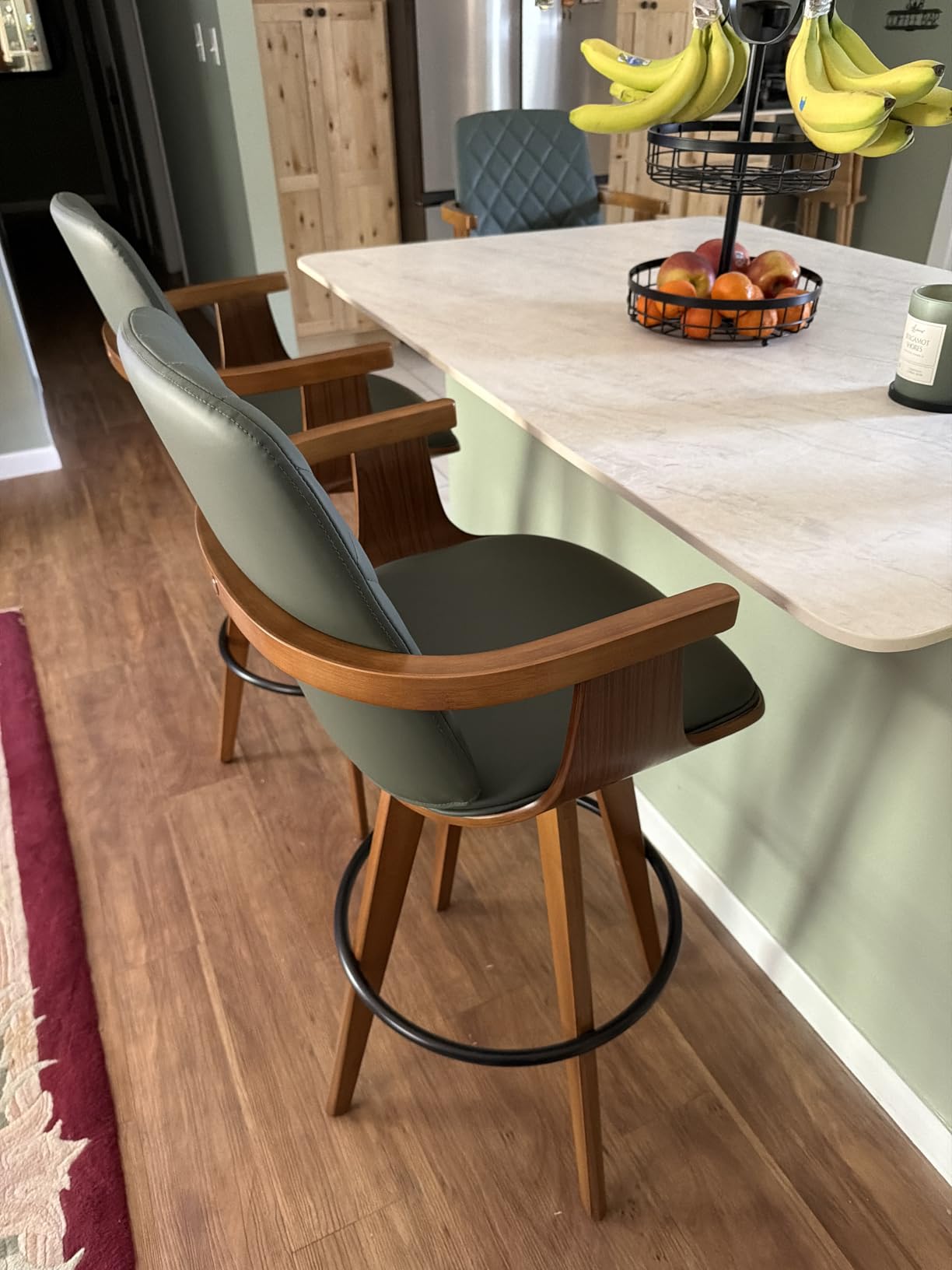 Mid Century Bar Stools, 30 inch Swivel Bar Stools with Curved Back and Arms | Natural Bentwood Frame, Walnut Finish, Faux Leather Upholstered Seat, Kitchen Bar Stools for Bar, Pub, Cafe, Restaurant customer photo 2