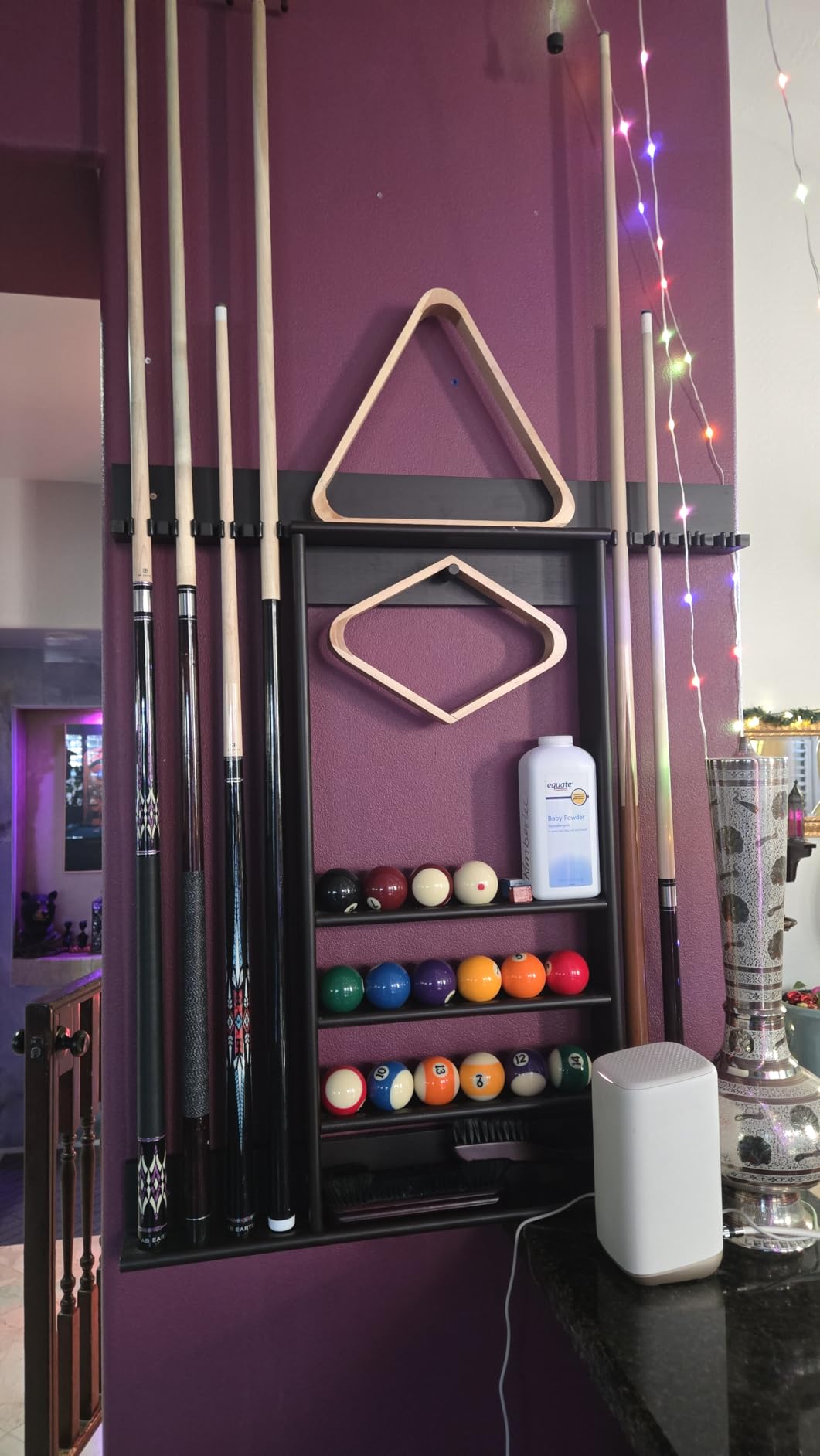 Wall Mounted Pool Cue Rack, Bamboo Billiards Sticks Holder for 8 Cue Sticks, Organizes Full Set of Balls and Pool Table Accessories, Dark Brown customer photo 2