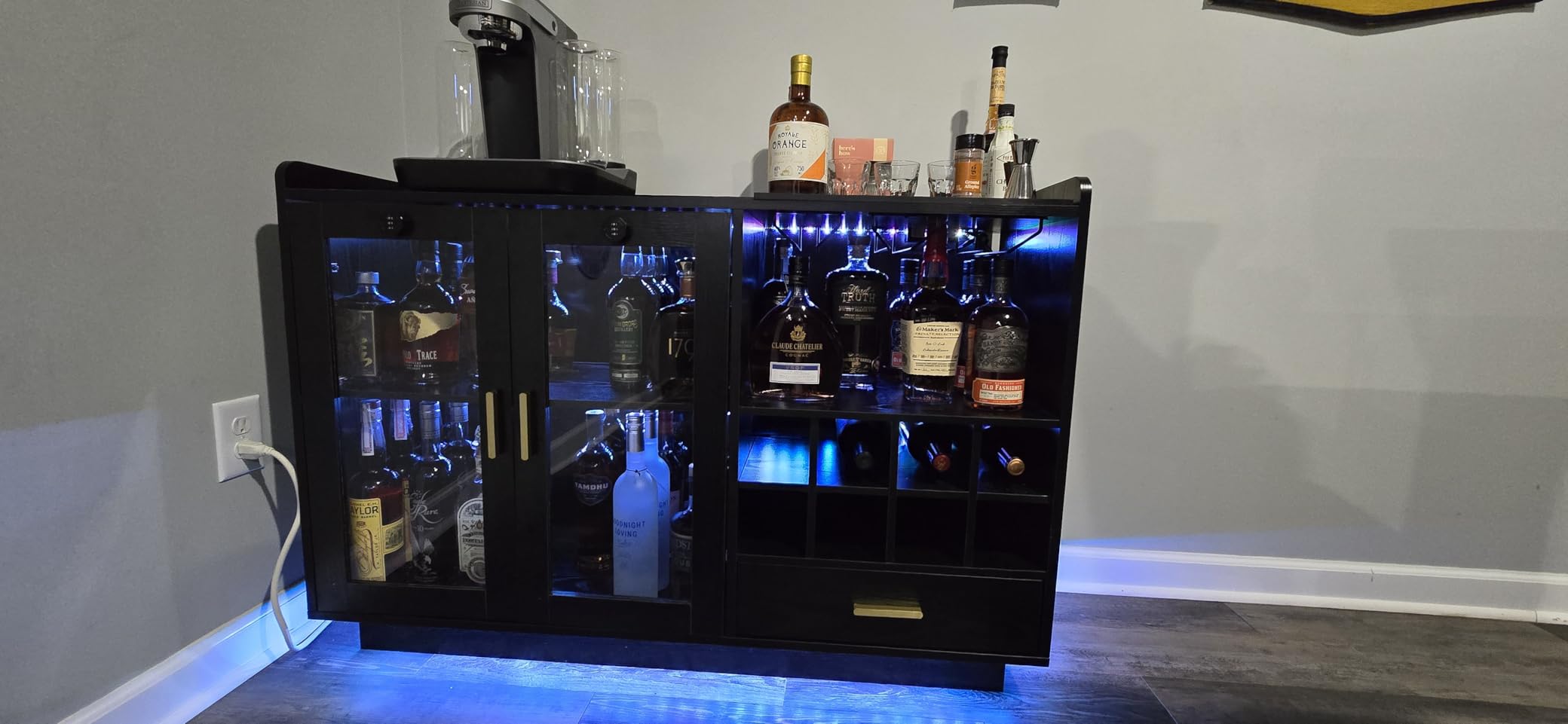 COCO DESIGN Modern Wine Bar Cabinet with LED Light & Locked Fluted Door, Black Floating Coffee Bar with Power Outlets & Glass Rack, Buffet Sideboard with Removable Wine Rack and Drawer for Living Room customer photo 1