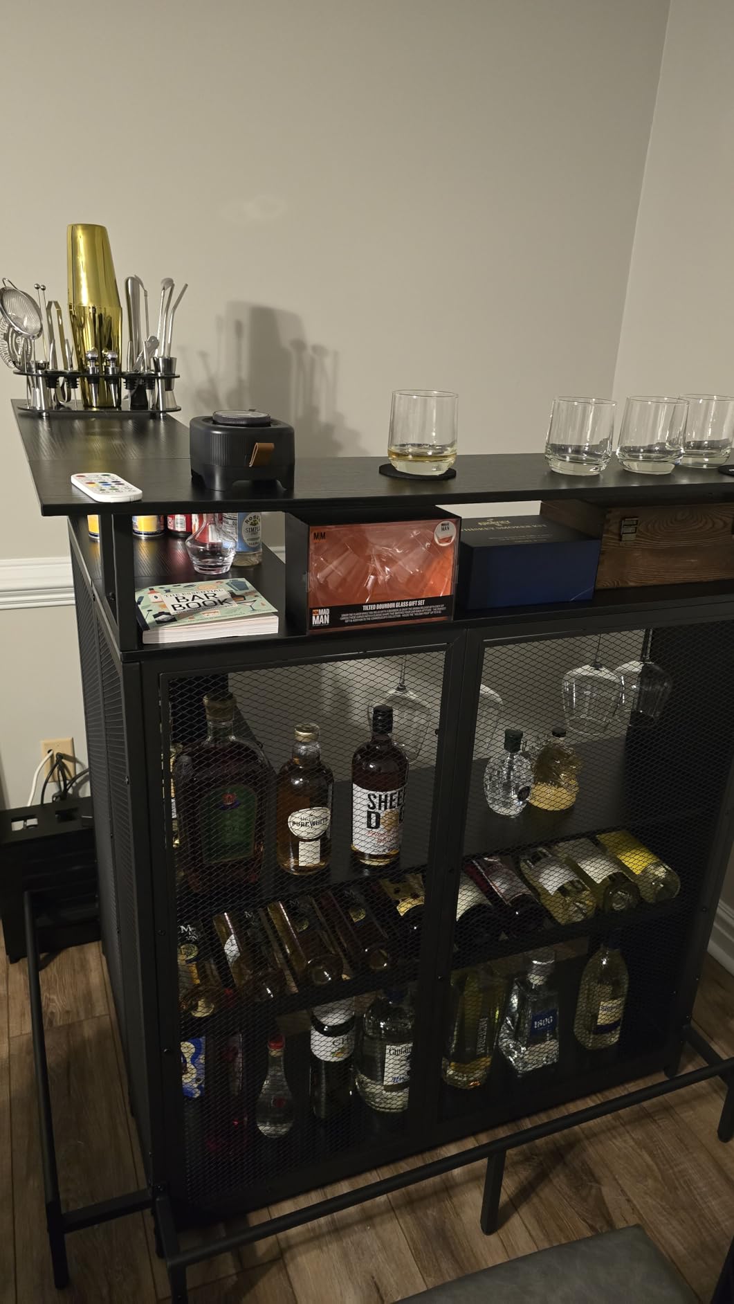 DWVO Home Bar Unit with LED Lights & Wine Cabinet, Farmhouse Bar Cabinet with Wine Storage, Mini Bar Table Coffee Cabinet with Glasses Holder Hanger Footrest for Home Kitchen Pub, White&Walnut customer photo 2
