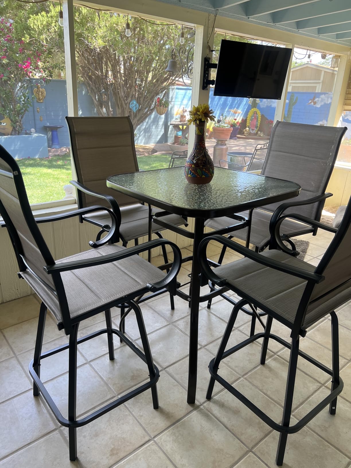 HOMREST Outdoor Swivel Bar Stools Set of 2, High Patio Swivel Bar Chairs with Padded Back & Seat, All-Weather Textilene Tall Patio Chair with Curved Armrest & Metal Footrest for Outside customer photo 1
