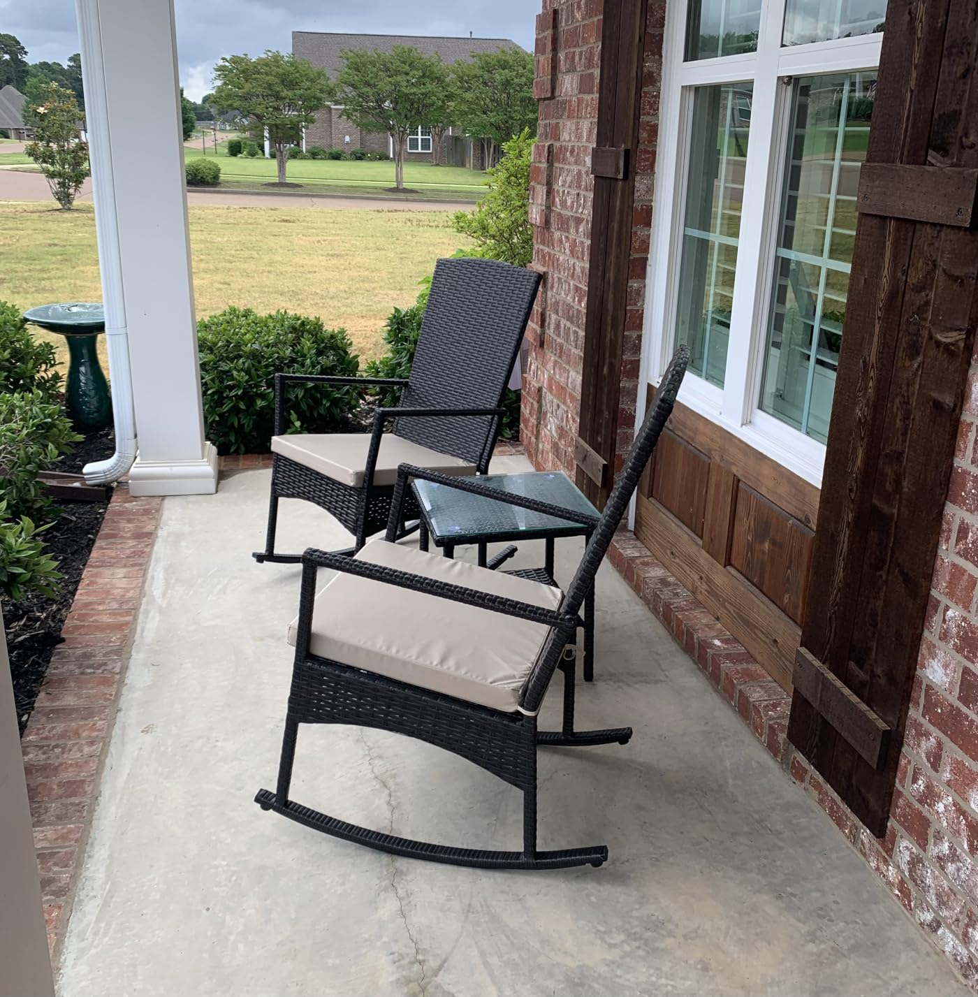 Outdoor HDPE Wicker Rocking Chair 3-Piece Patio Rattan Bistro Set 2 Rocker Armchair and Glass Coffee Side Table Furniture Washable Lacing Cushions, Khaki customer photo 1